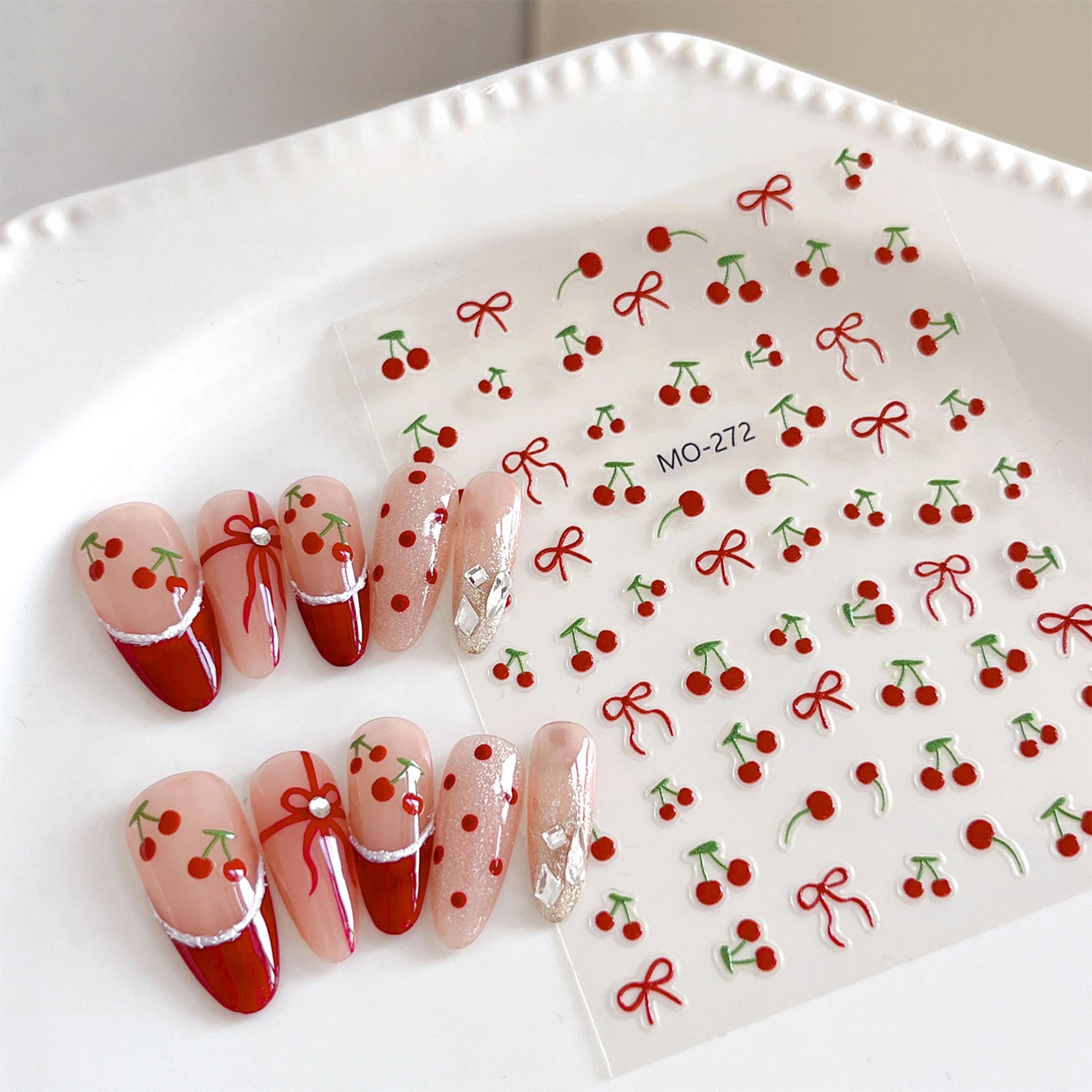 1 piece kawaii red cherry bow nail stickers 5d cute fruit design adhesive decorative stickers for high-quality nail art