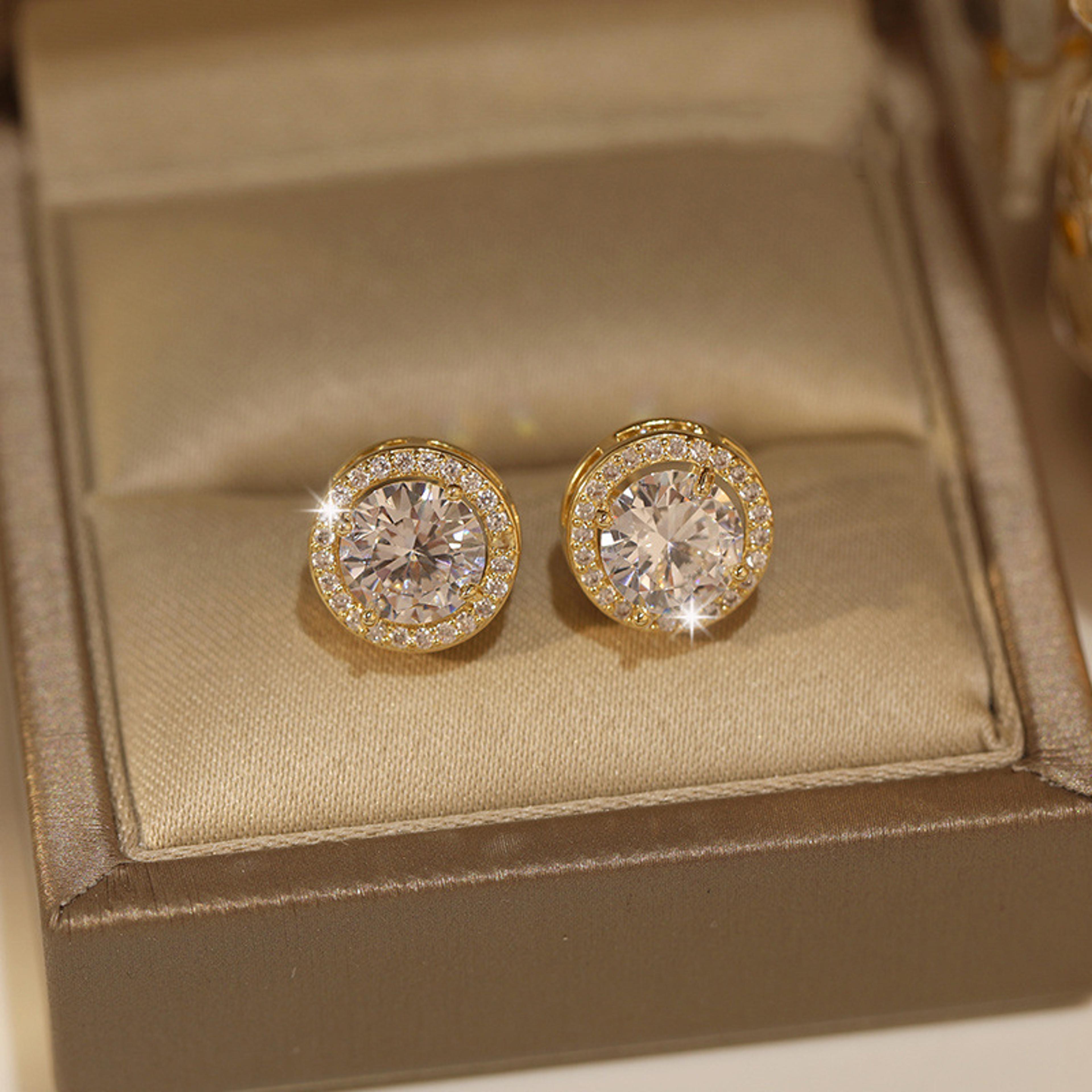 luxury crystal white zircon stud earrings, yellow gold vintage round crystal studs, luxury wedding jewelry for women