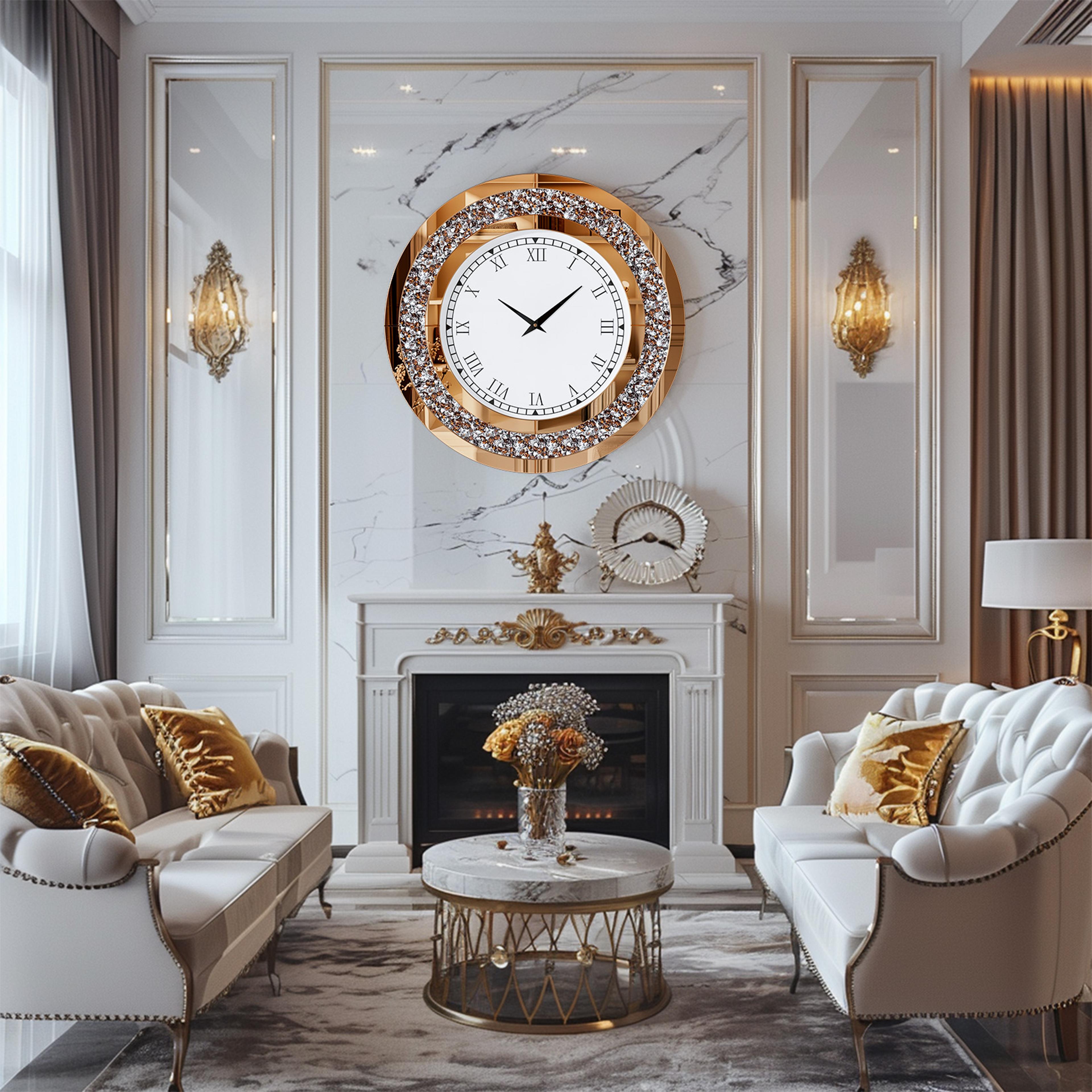 crystal sparkle bling diamond wall clock, silver tawny tinted round mirror, large luxury living room decorative clock