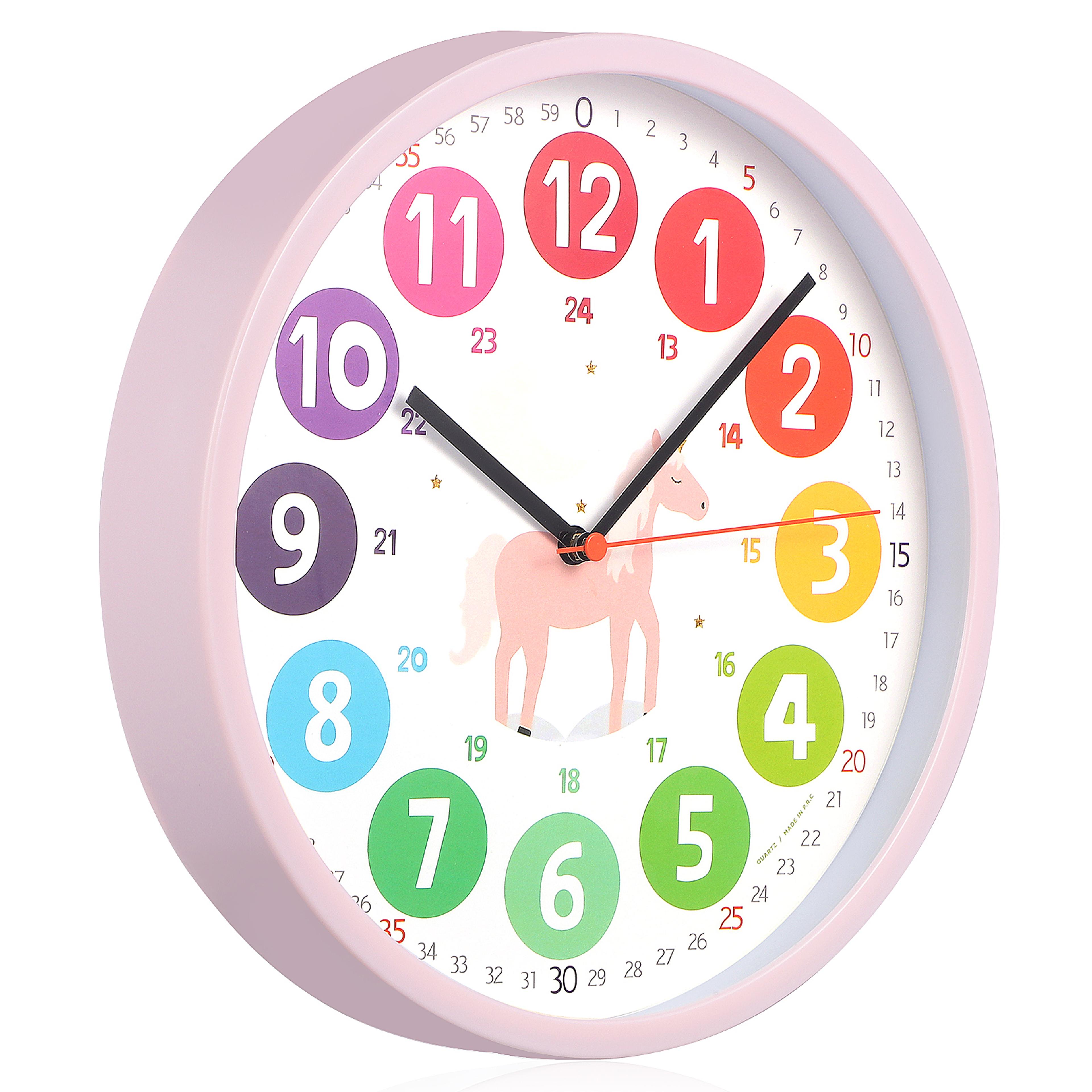 colorful kids learning clock silent wall decor for nursery, playroom, bedroom, analog teaching aid for time skills