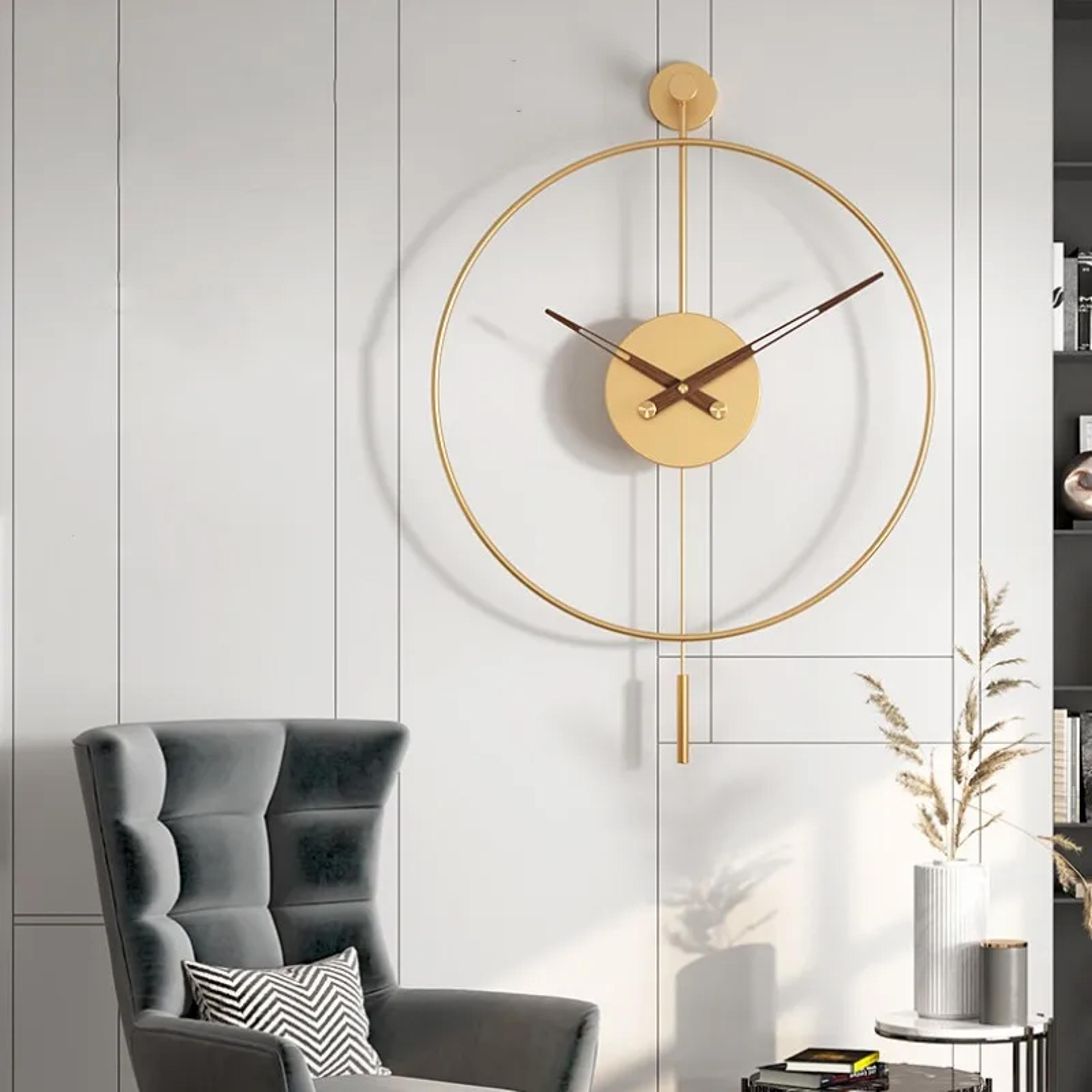 silent modern minimalist wall clock with swing pendulum, metal decorative art clock for bedroom, office, living room