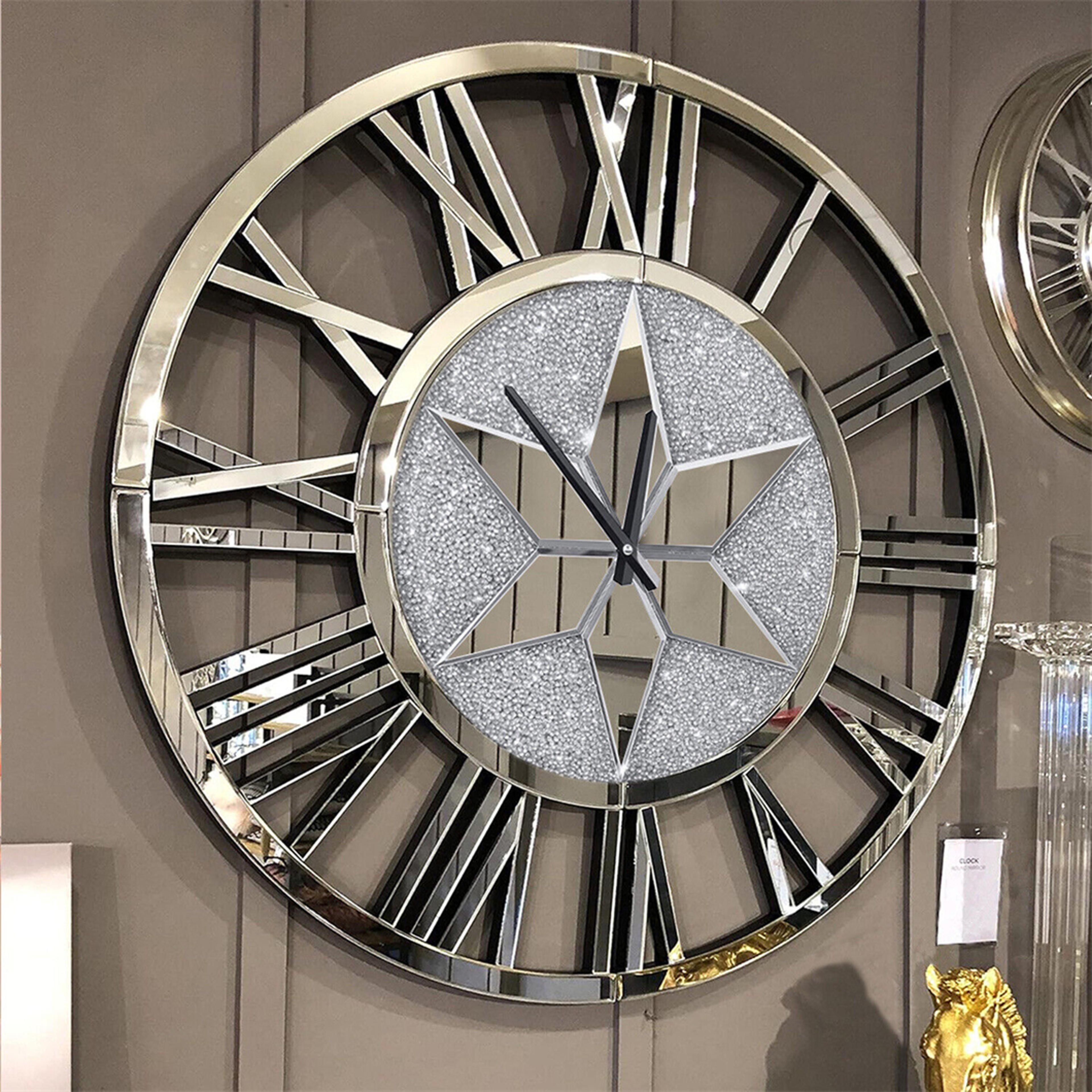 large mirrored wall clock, round roman skeleton design, beveled elegant living room fireplace home decor