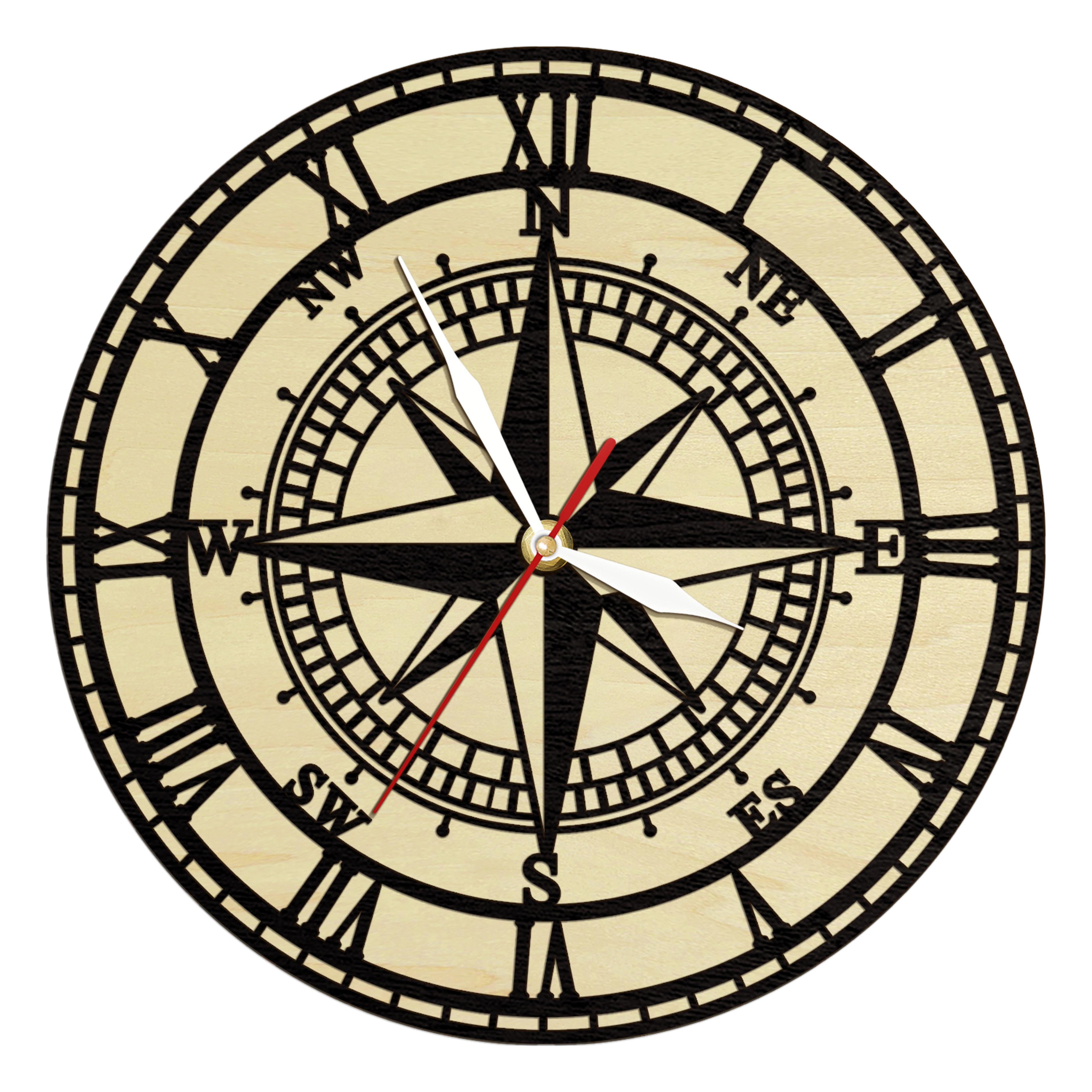 compass rose wooden wall clock, vintage nautical wood living hinge clock, coastal laser engraved home decor