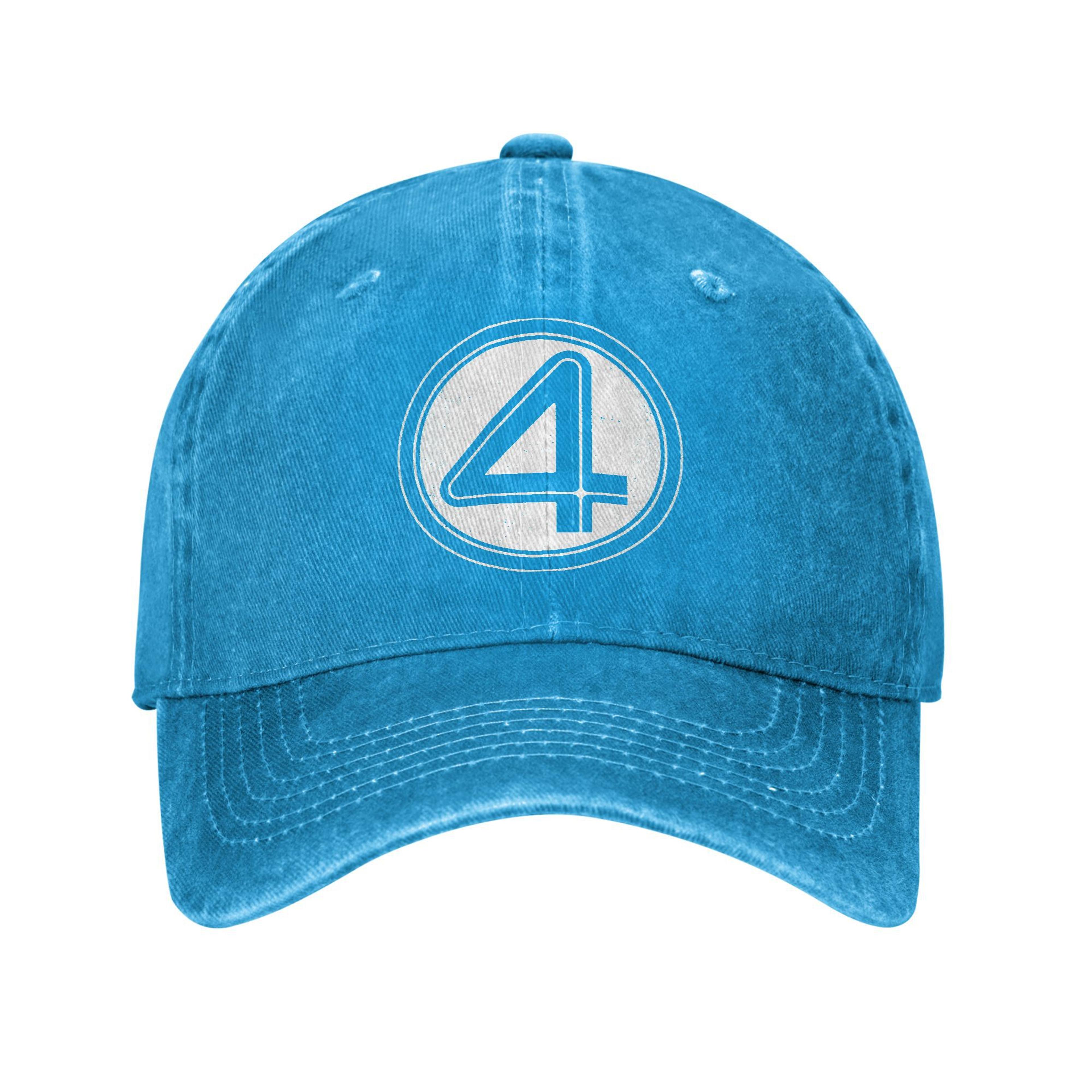 vintage fantastic four 4 symbol baseball cap, unisex distressed denim washed, outdoor adjustable summer headwear hat cap
