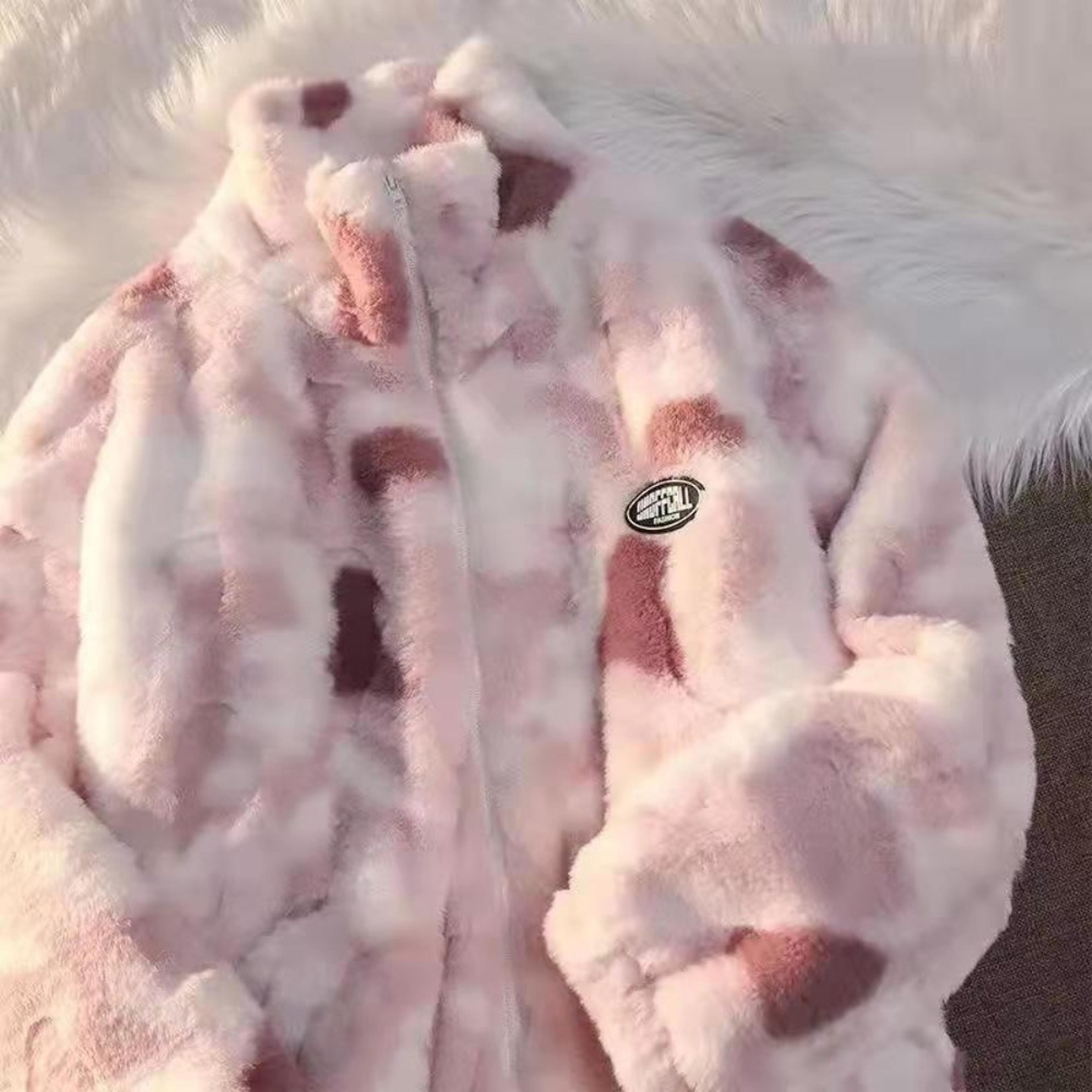 women tie dye lamb fleece jacket, autumn winter warm coat, zipper plush outerwear, casual loose thick jacket for ladies