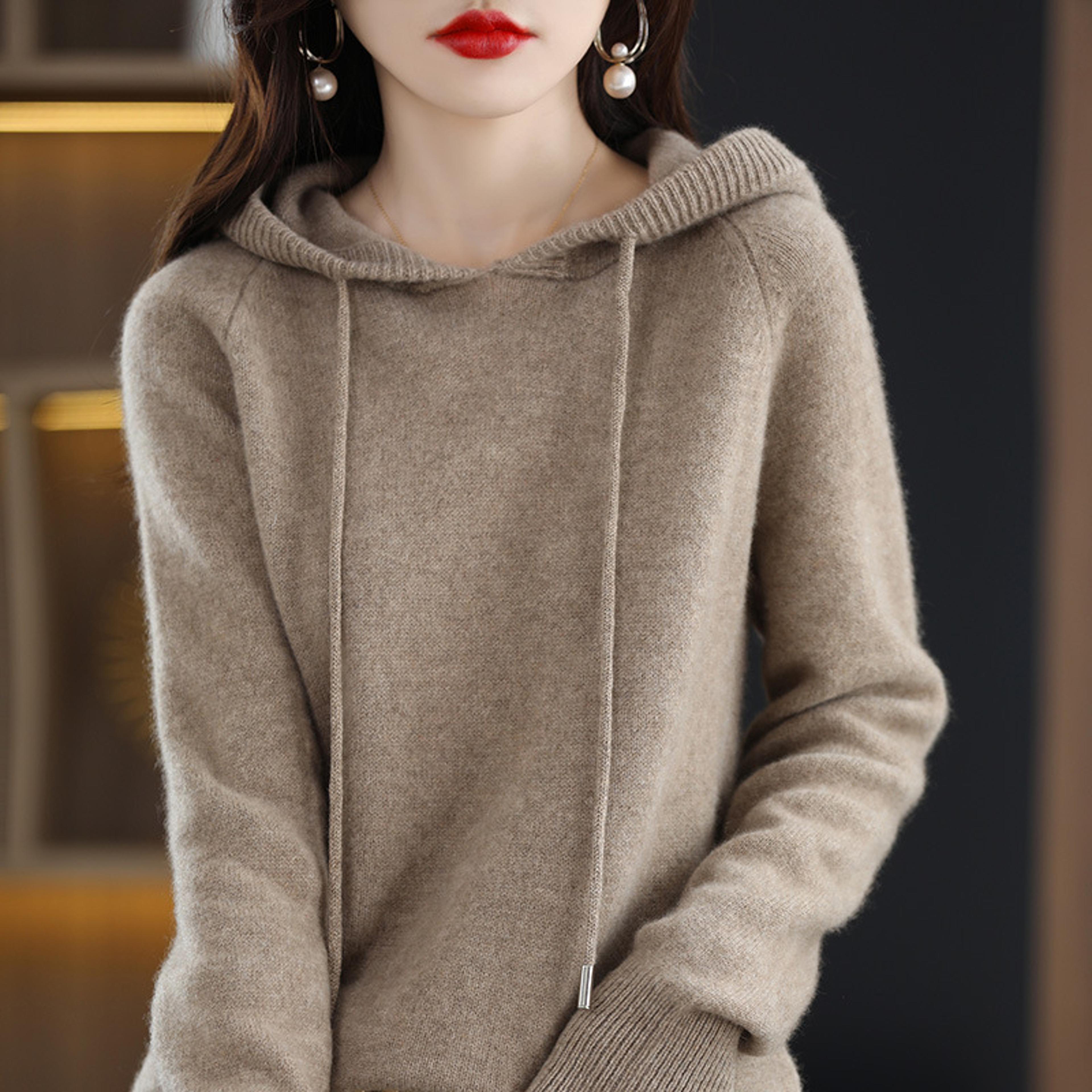 cashmere hooded sweater women, autumn winter long sleeve solid color knitted hoodies