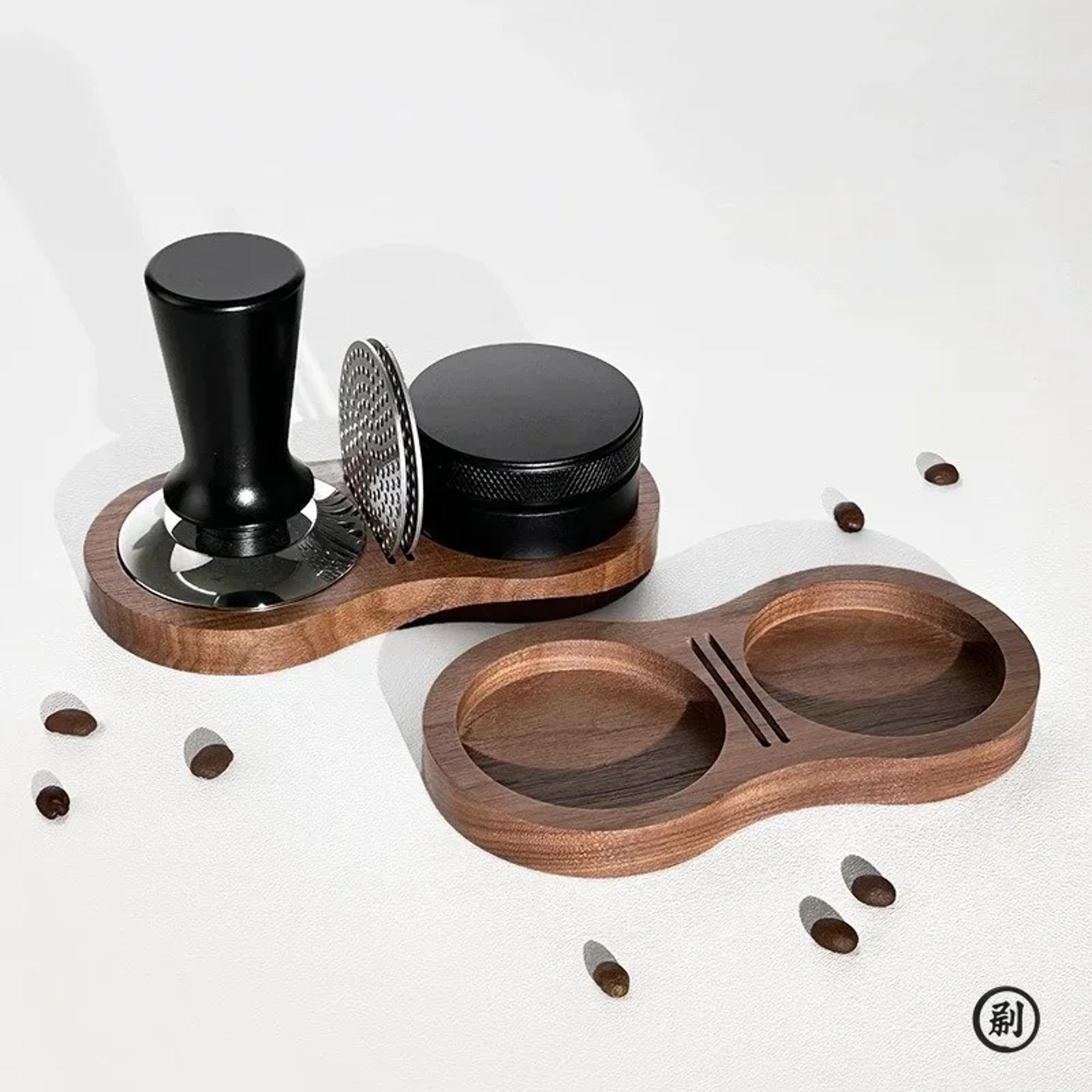 walnut espresso tamper station & coffee tool organizer for barista setups