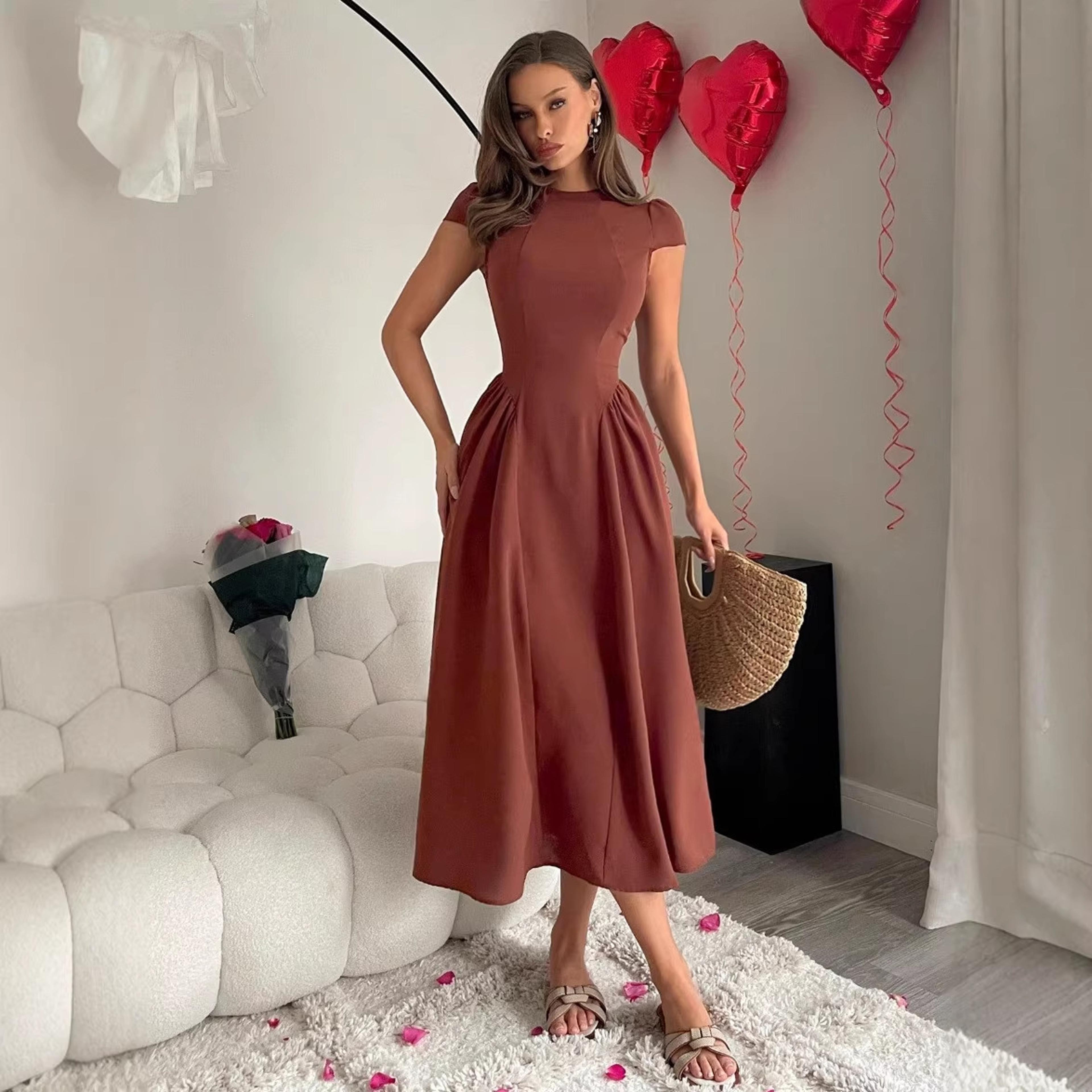 elegant high waist flare midi dress for women summer cocktail party dress