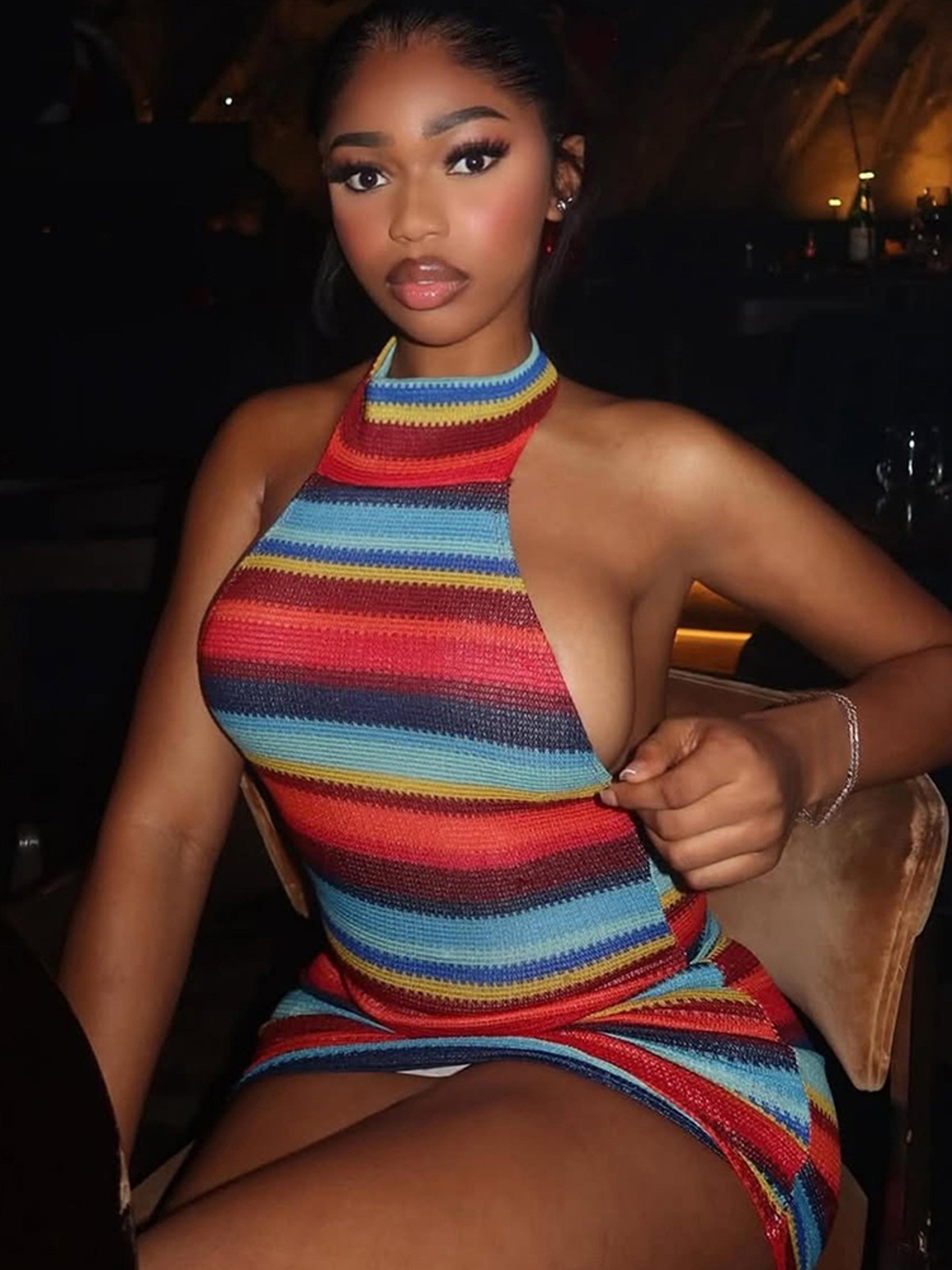 kliou striped patchwork halter bodycon mini dress for women