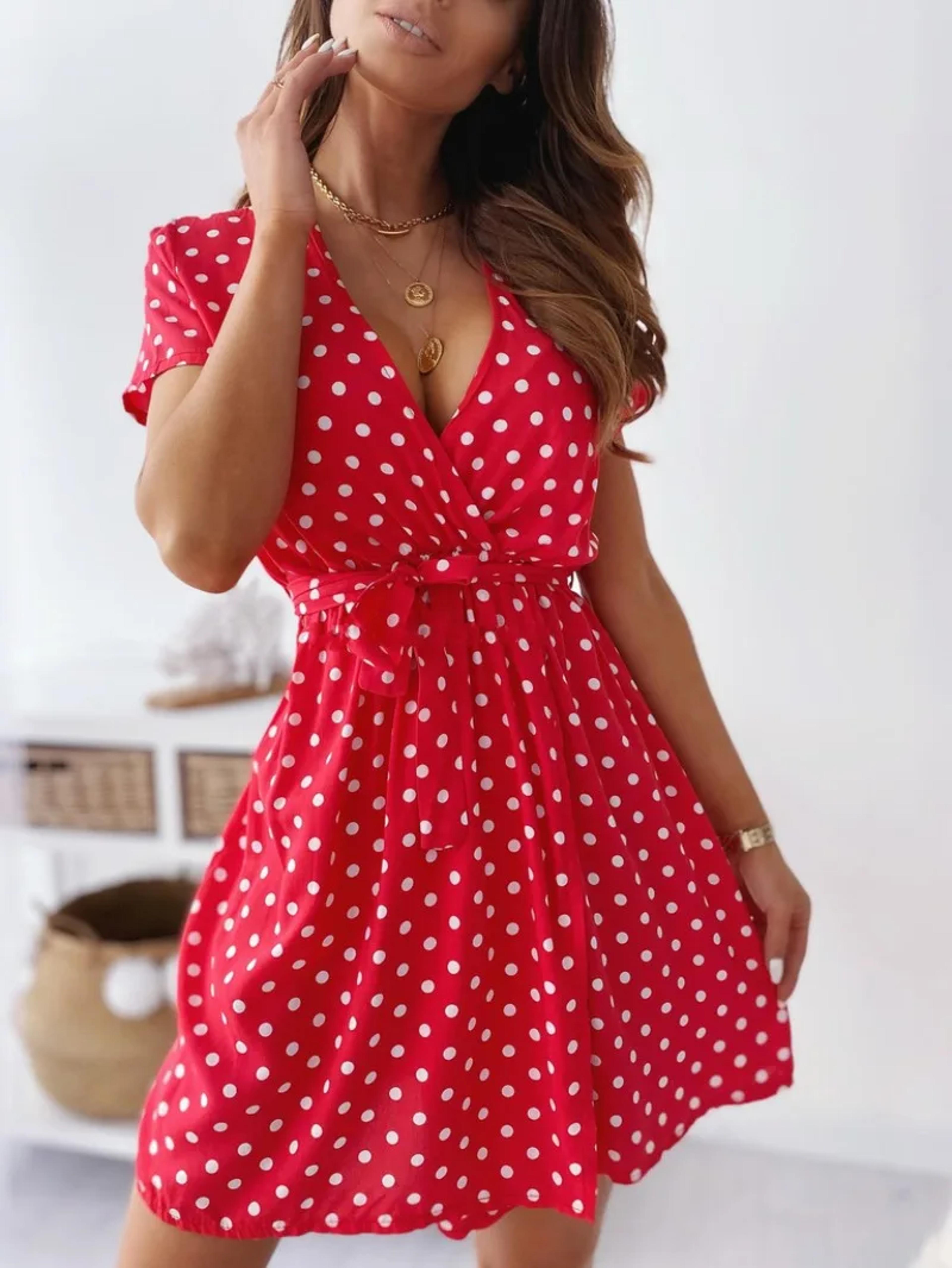 elegant polka dot v neck summer dress with belt for work, parties & vacation