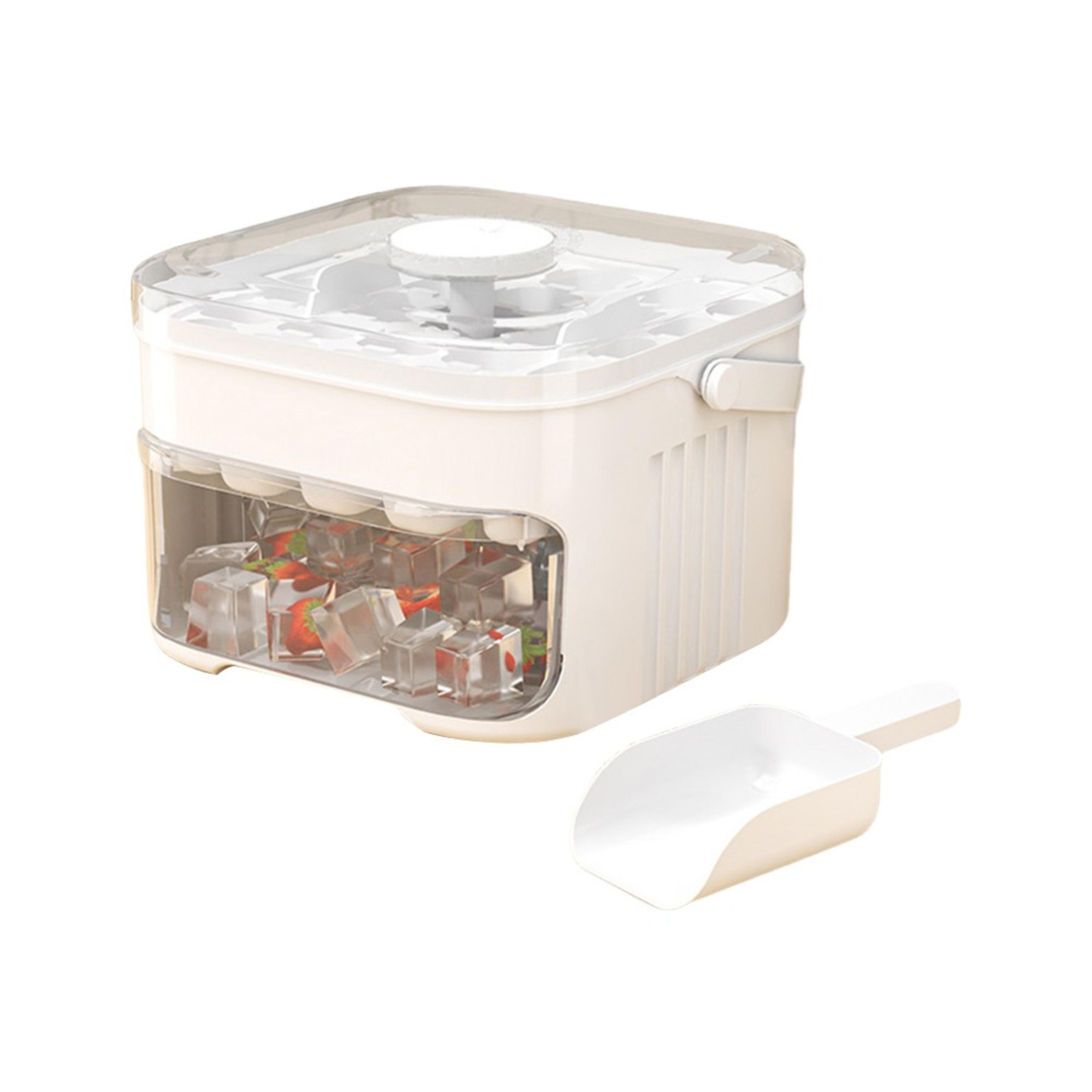 portable cube ice maker tray with press-release lid & storage bin