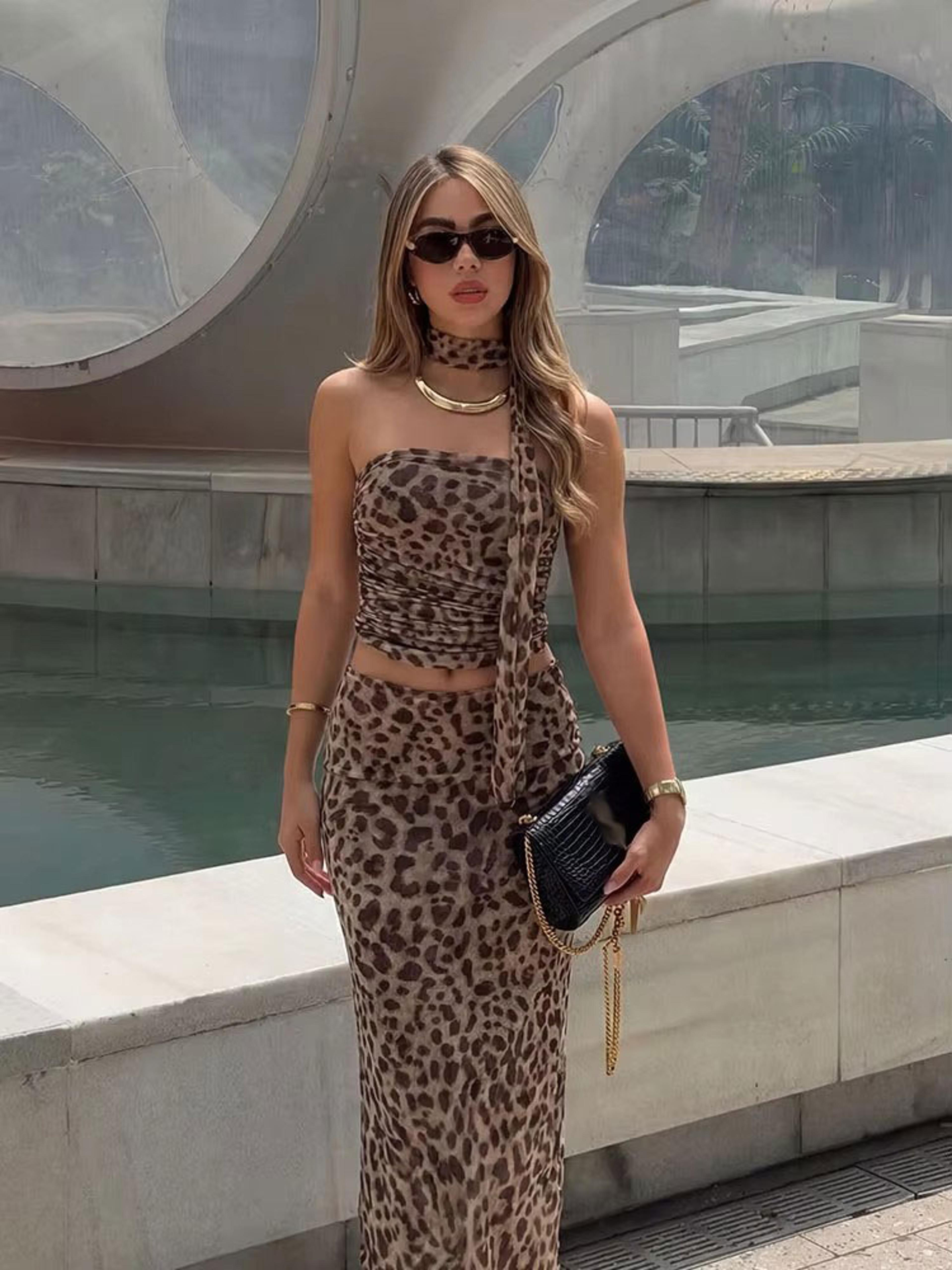 wild luxe leopard strapless crop top & maxi skirt set for women
