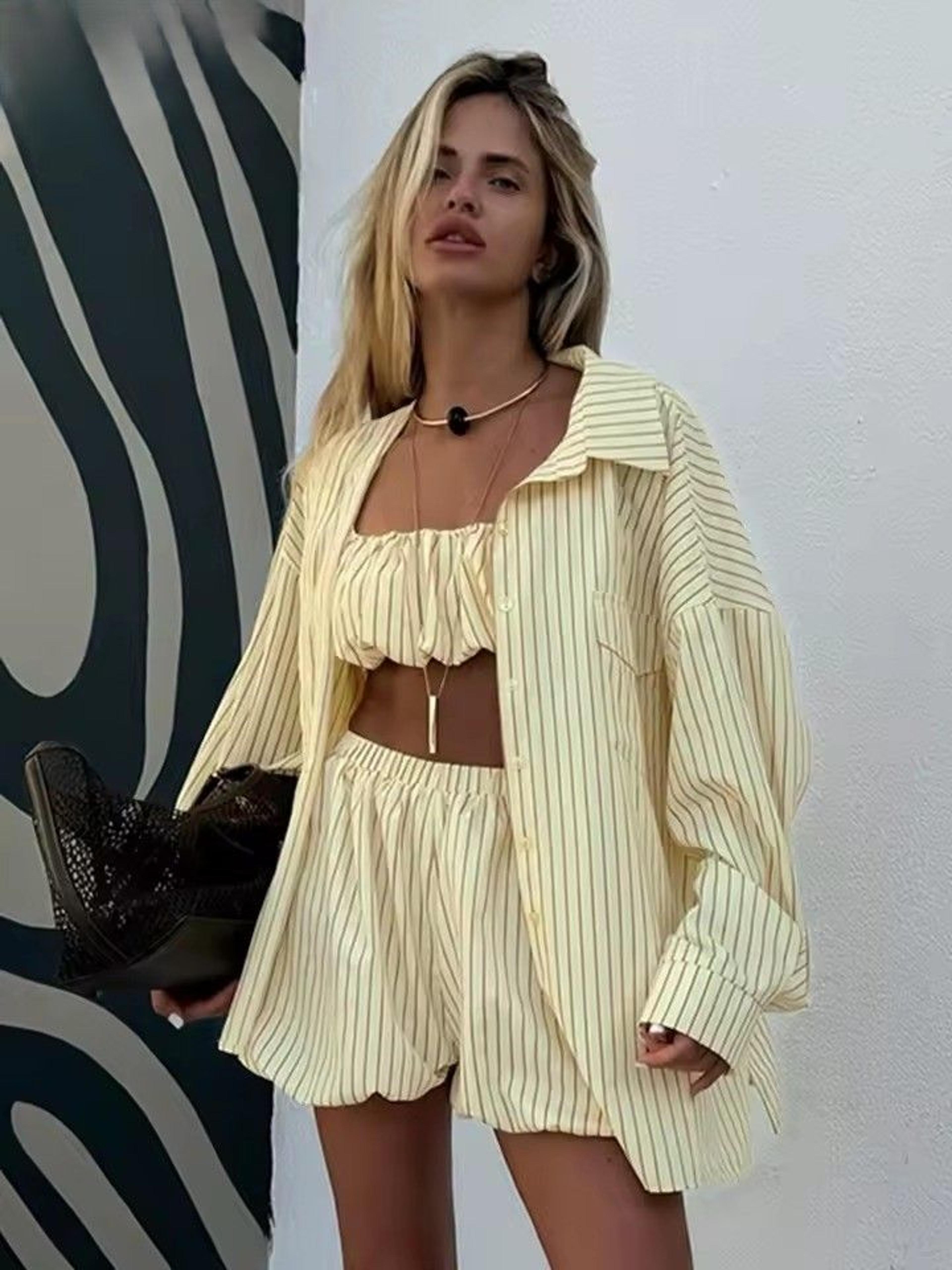 coastal chic women's striped set with high waist shorts
