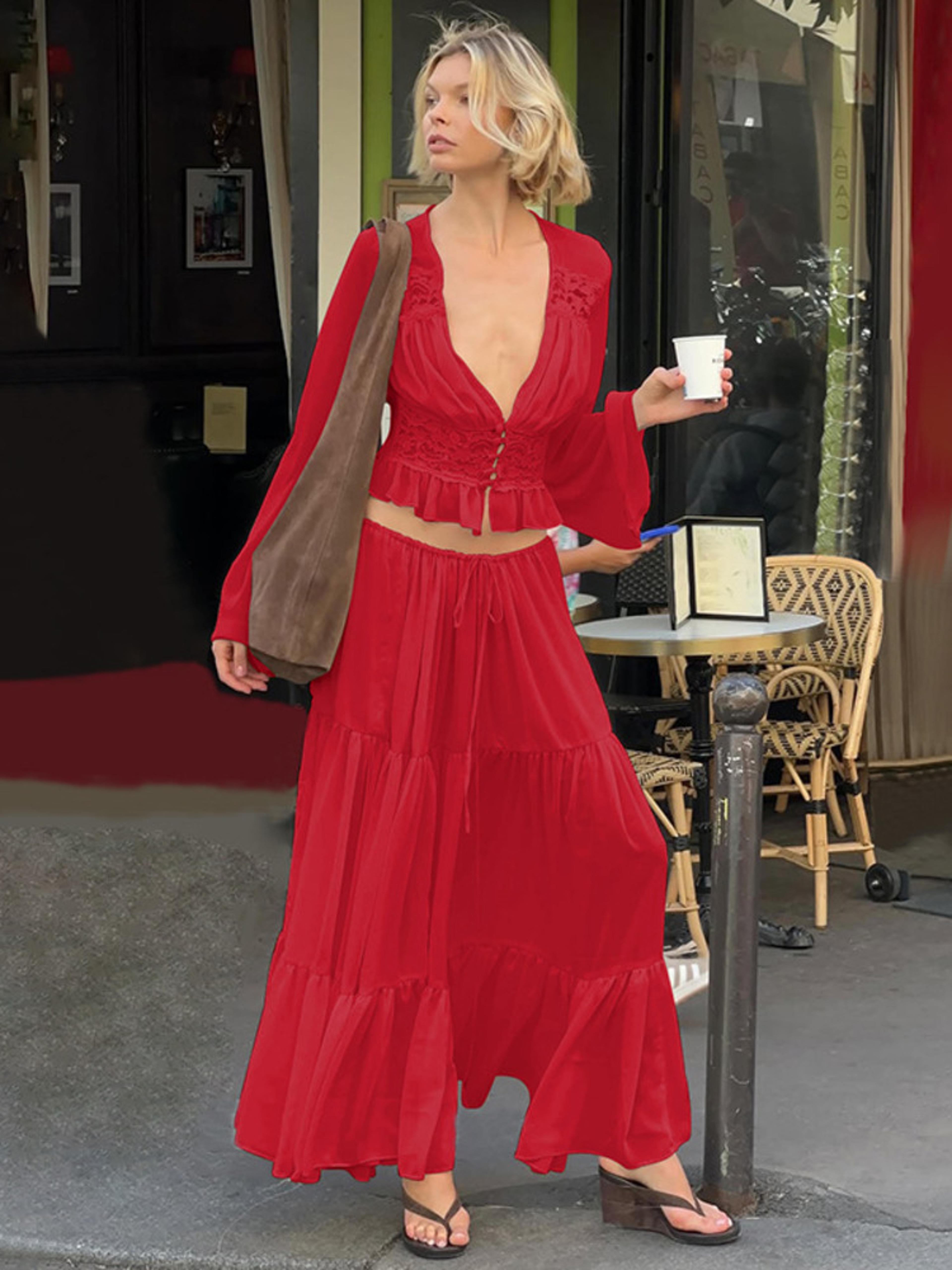 pleated two piece skirt set for women with v neck top & maxi skirt