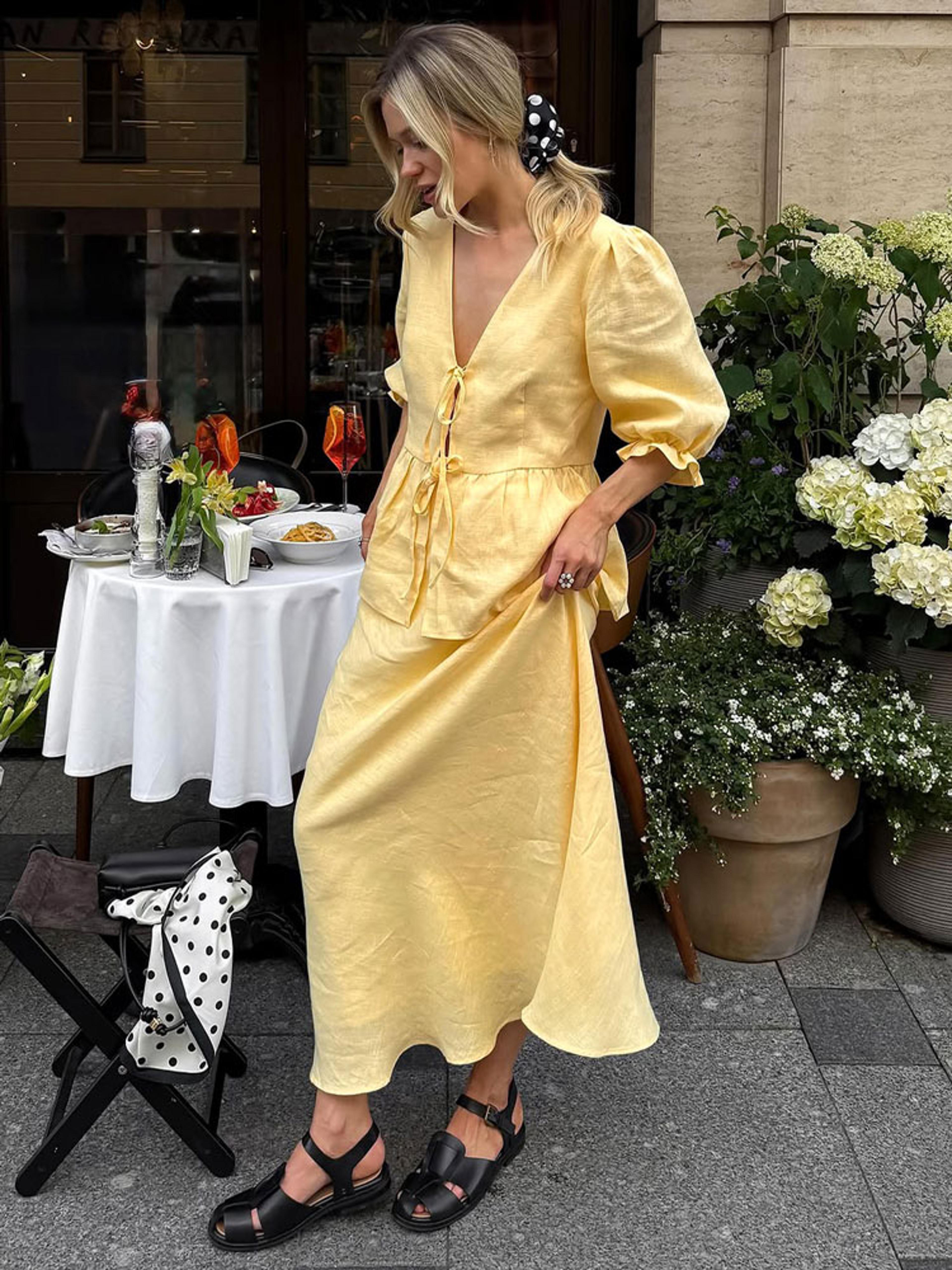 elegant breeze ruffle maxi skirt set for women with v neck tie front top