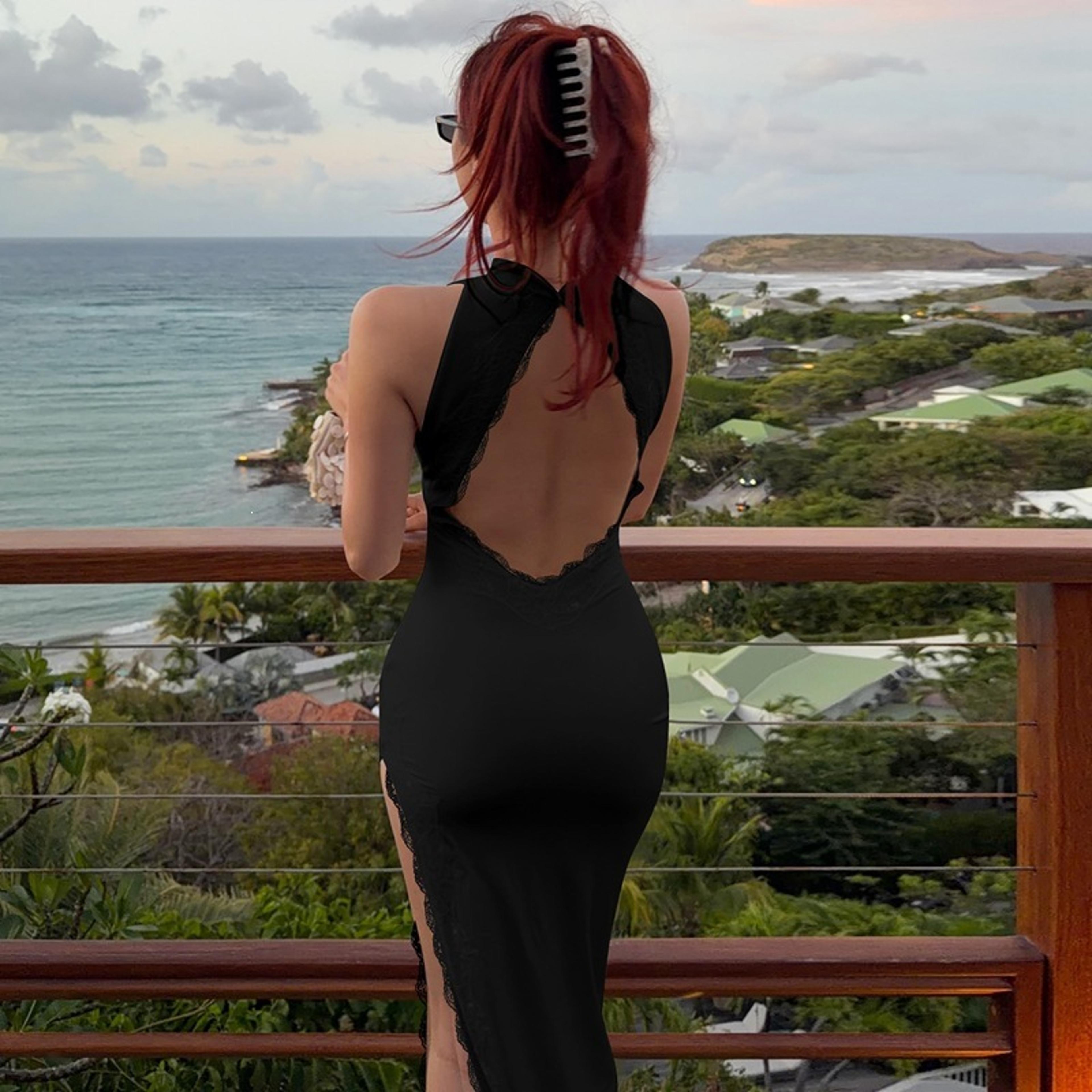 lace trim backless maxi dress with side split for summer parties & vacations