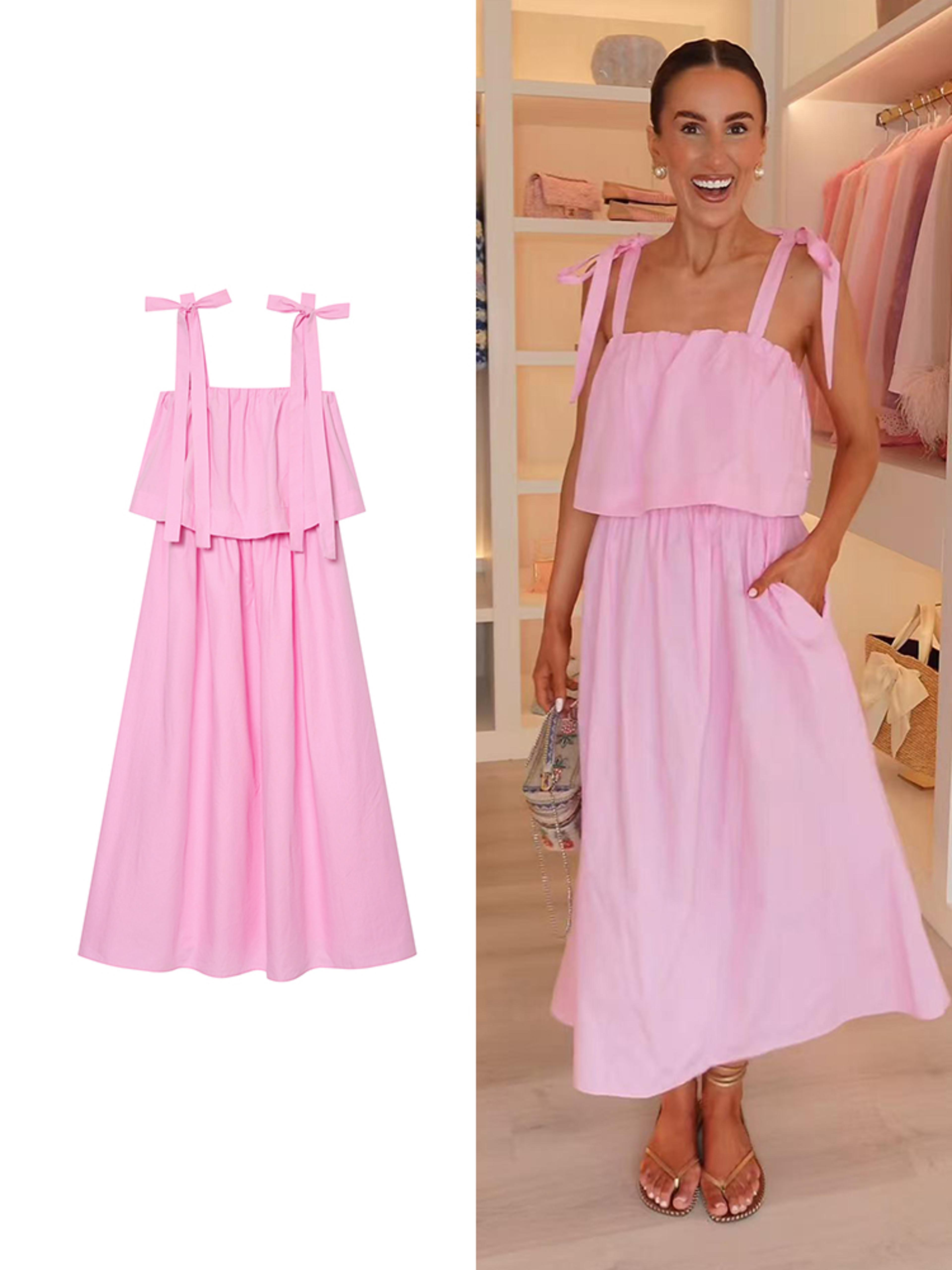 pink bow tiered midi dress for women casual summer beach sundress