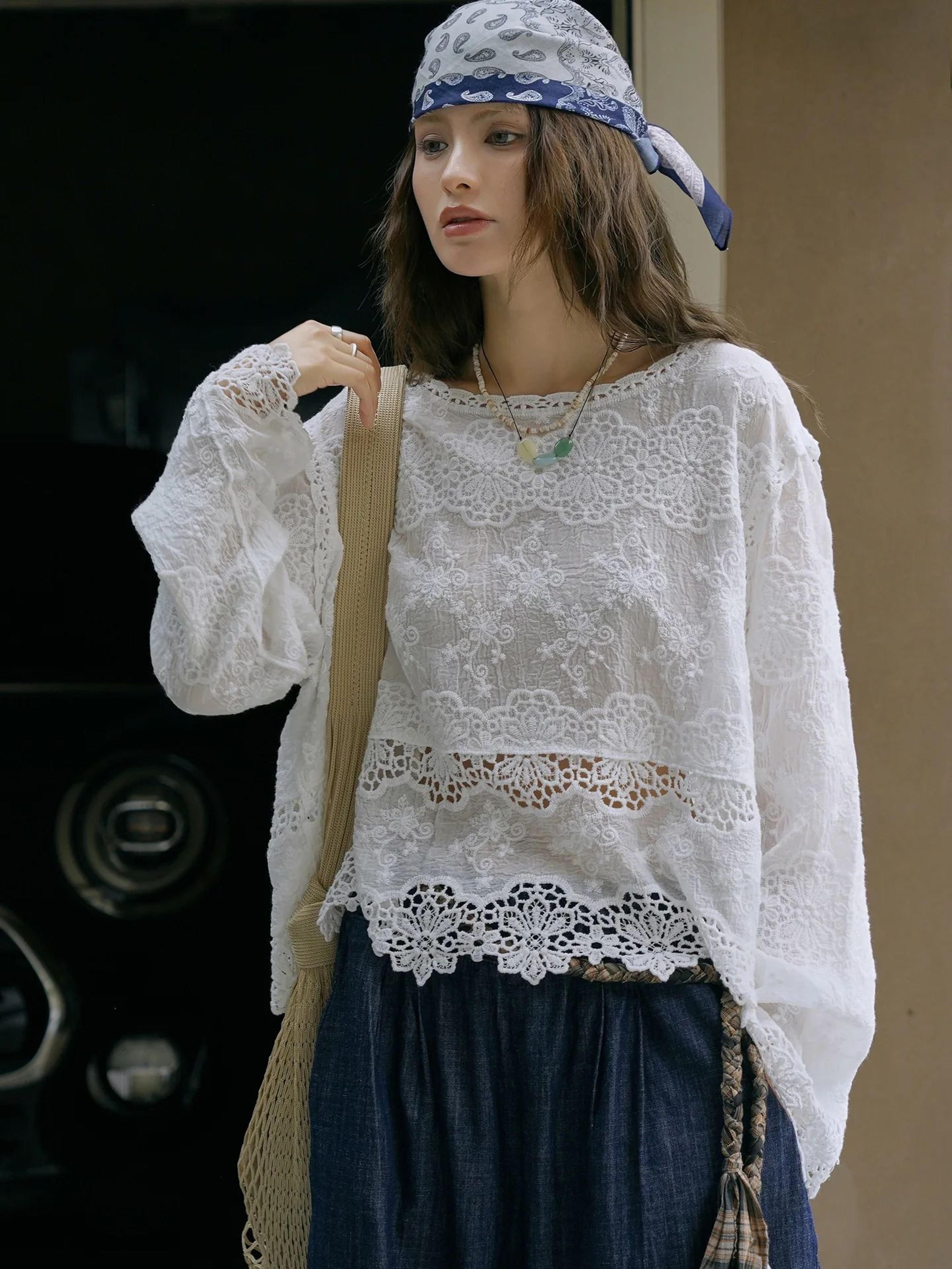 summer lace cotton washed hollow out t-shirt for women