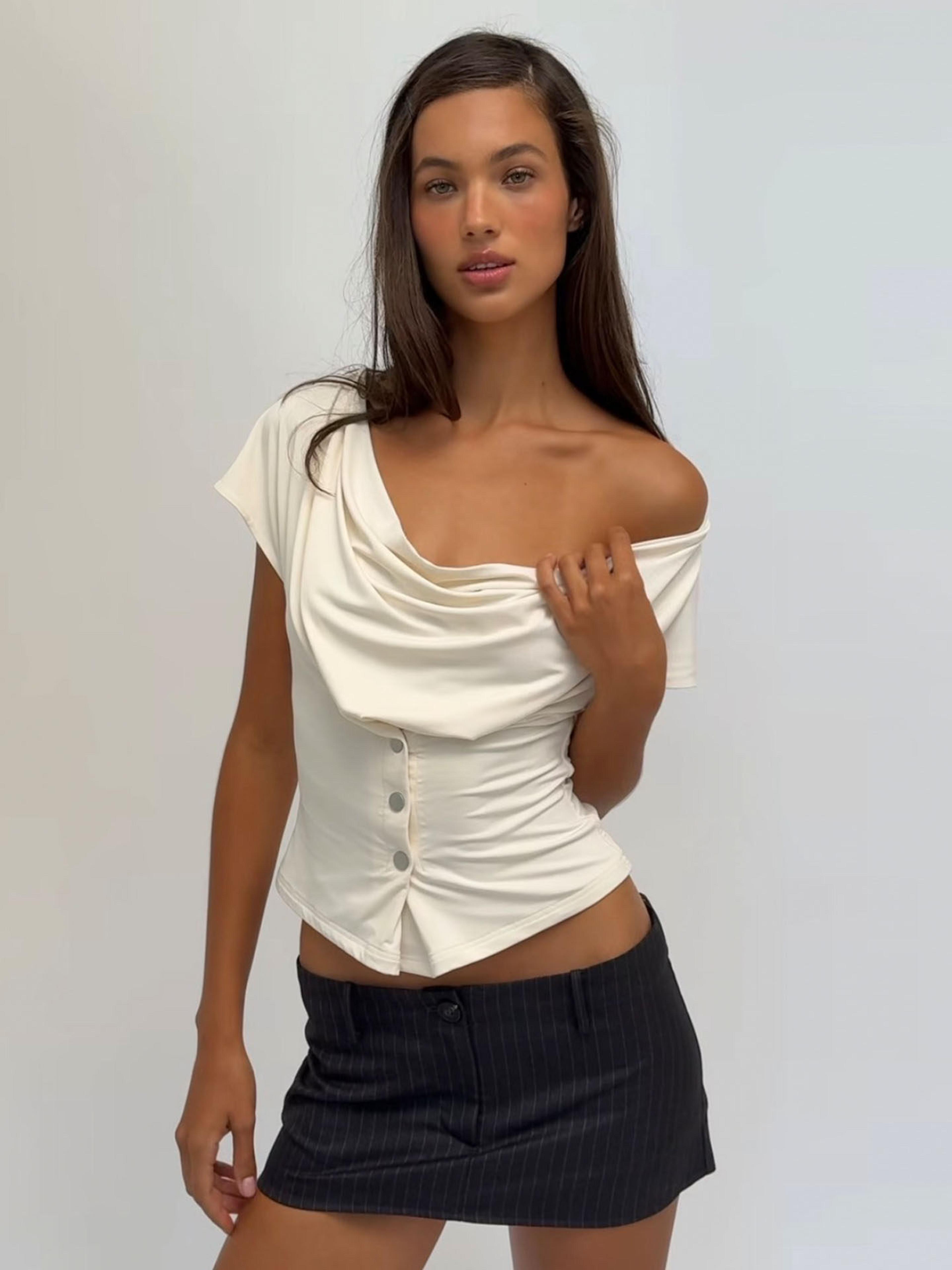 women black asymmetrical one shoulder cinched waist top set casual chic outfit