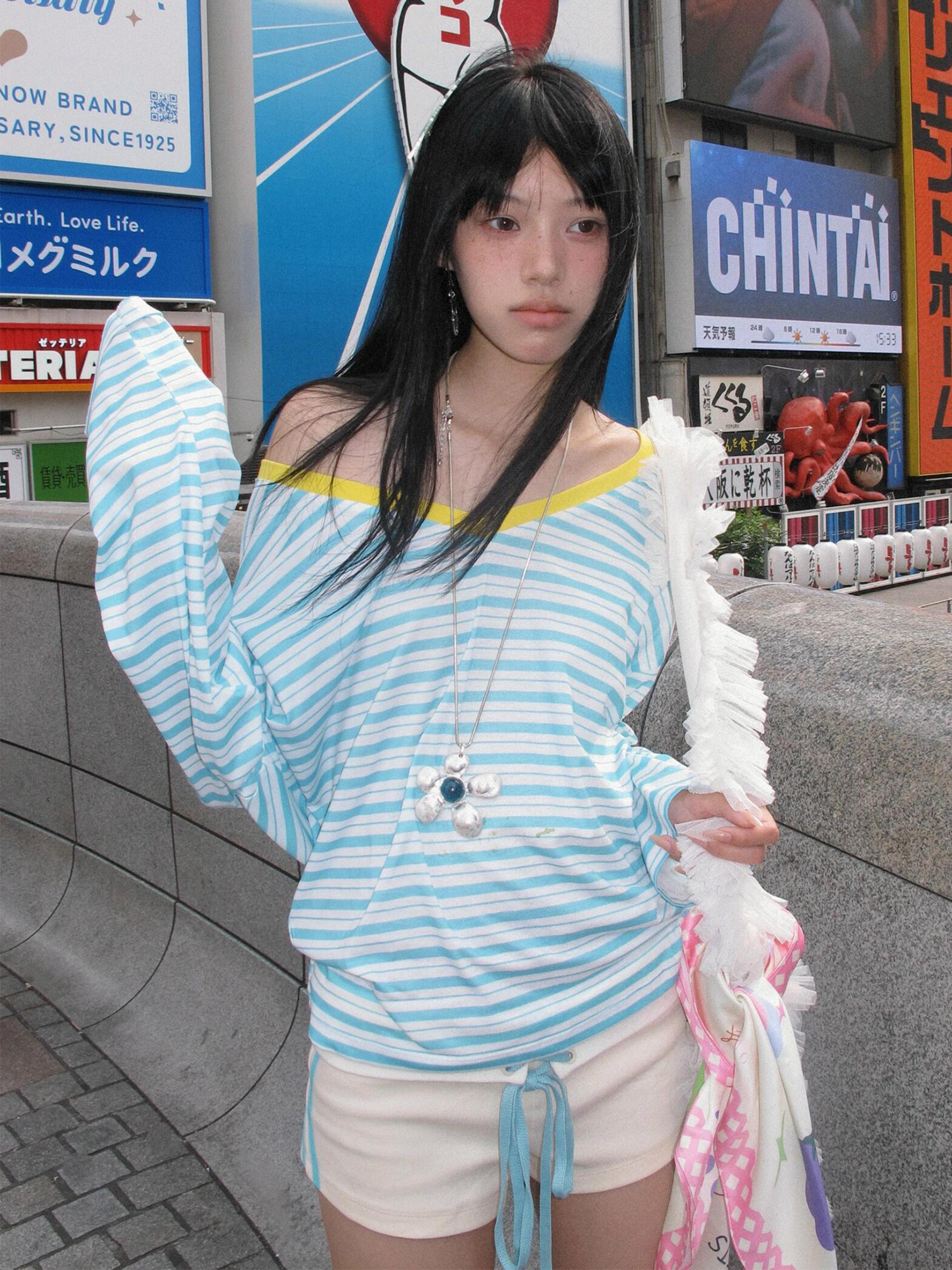 striped off shoulder v-neck long sleeve top korean vintage tee