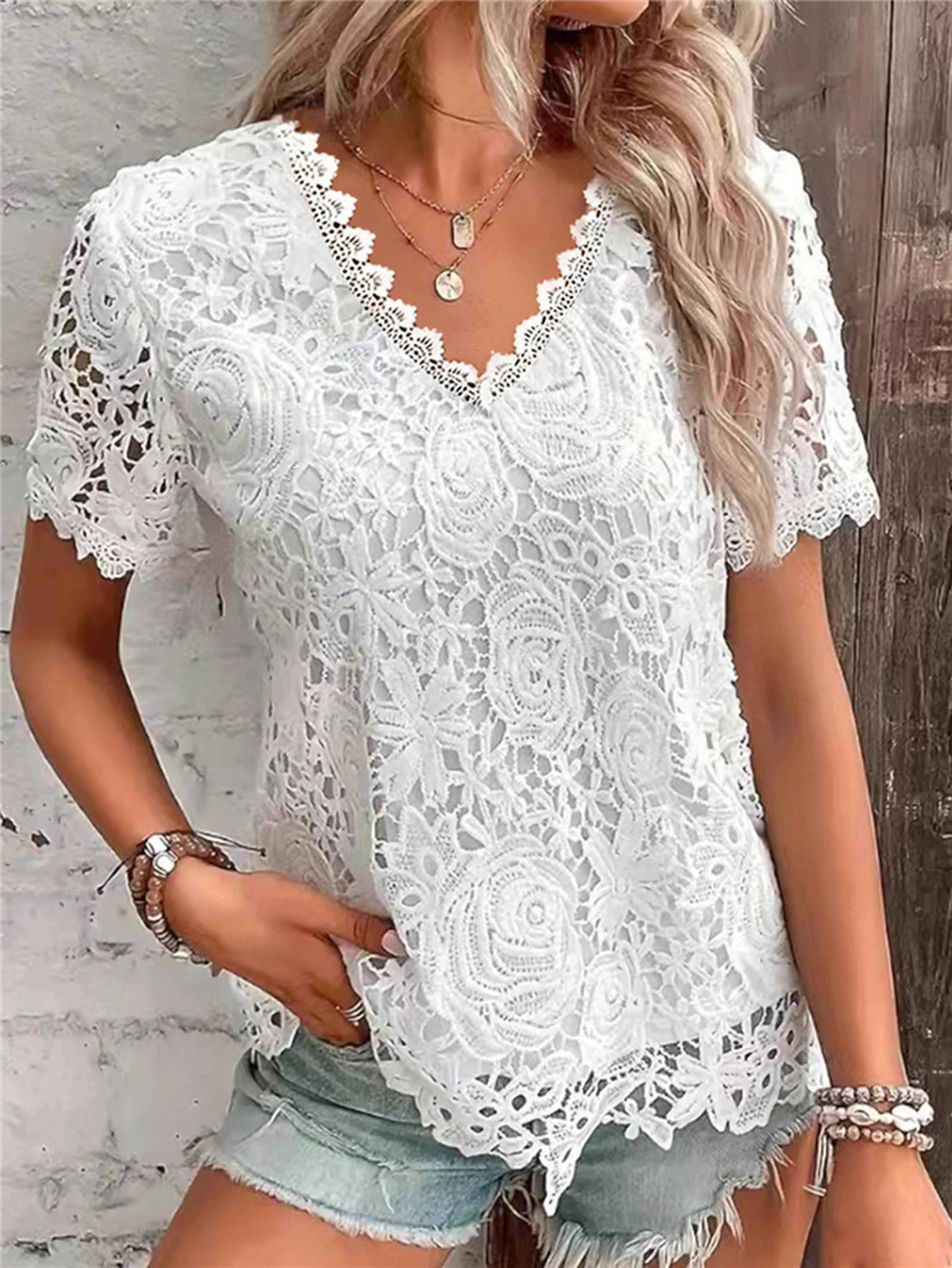 elegant lace white v neck women blouse slim fit summer office casual top