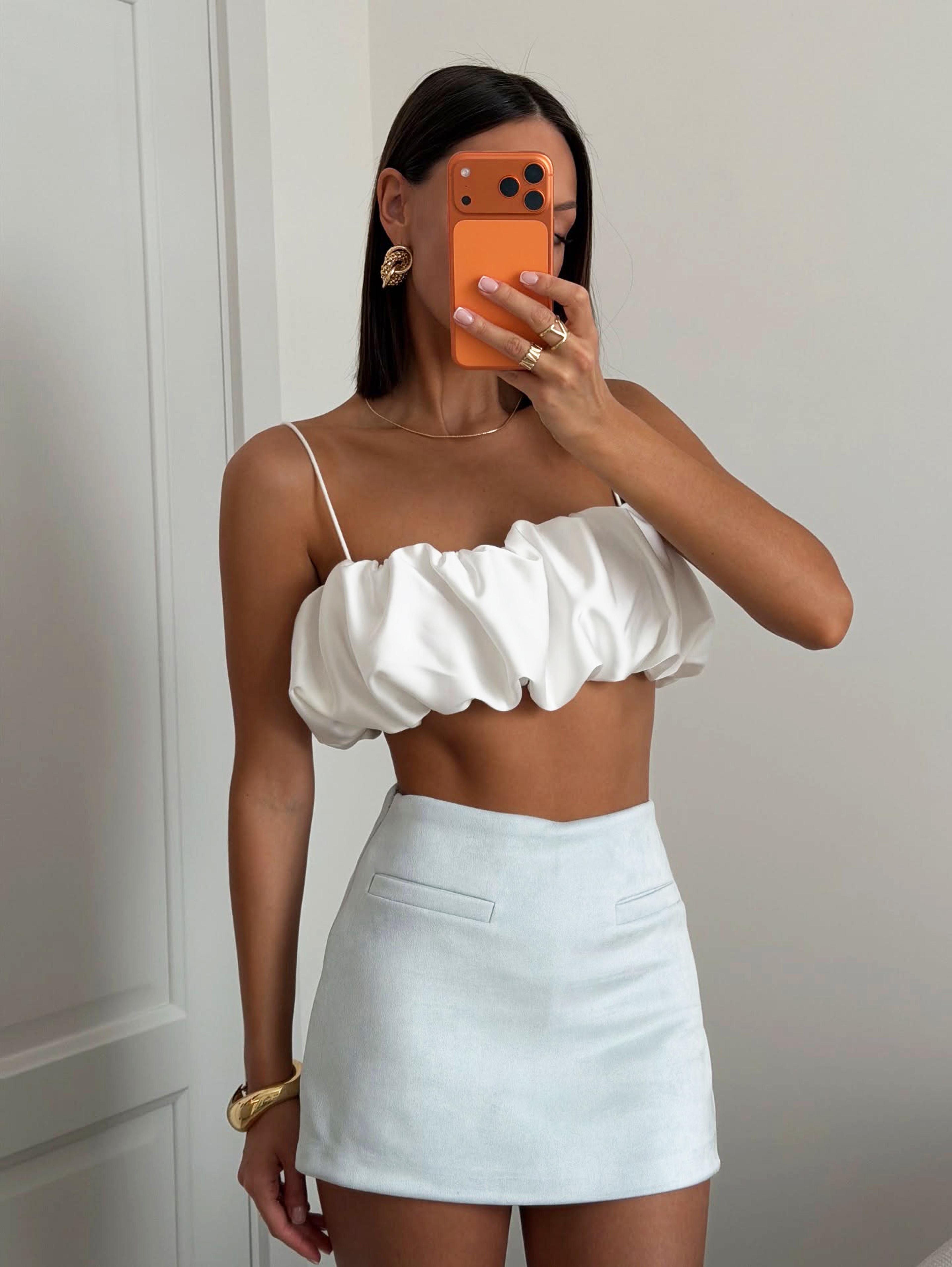 elegant satin bubble crop top for women chic summer slip crop blouse