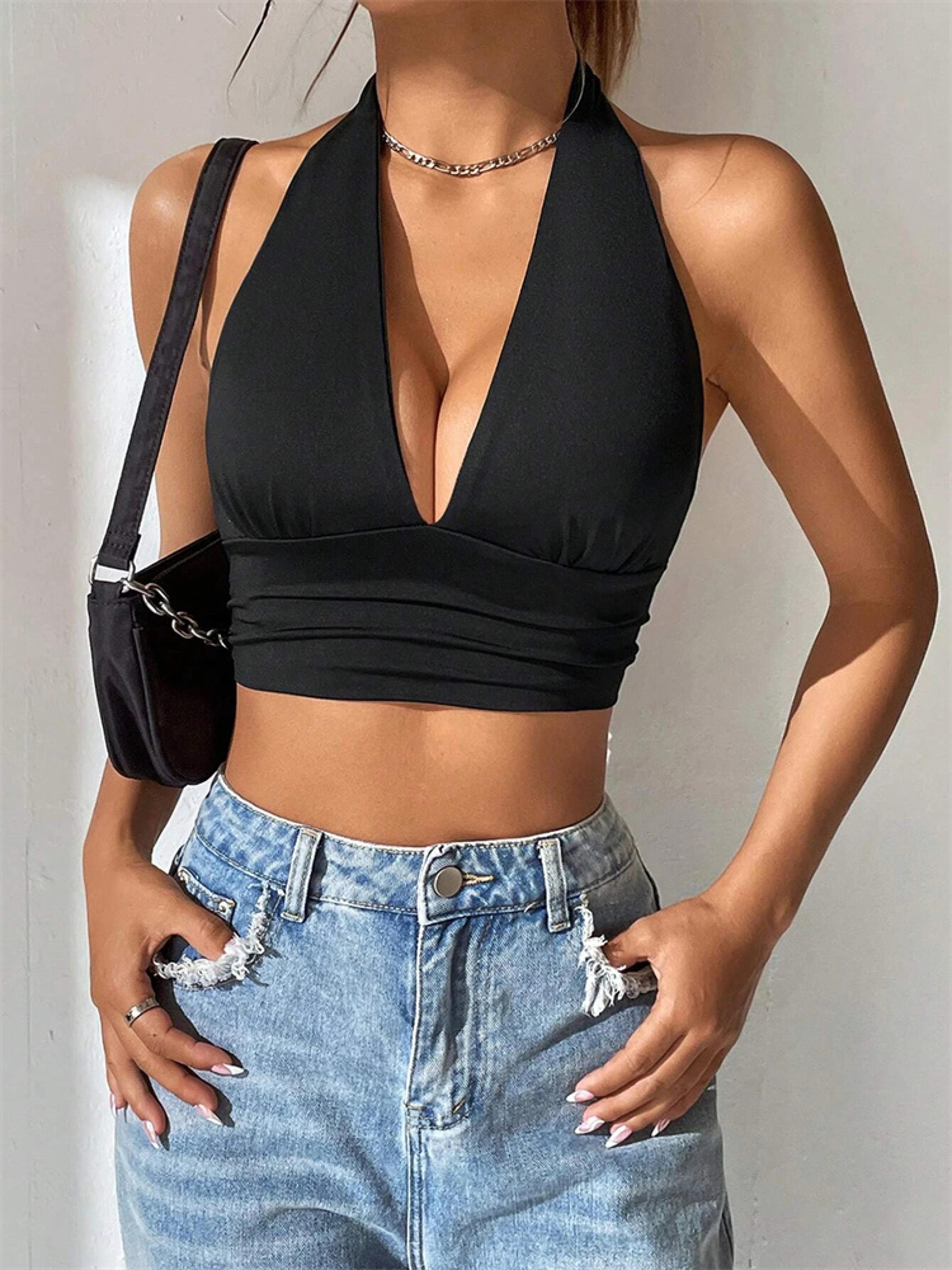 women backless halter deep v neck crop top y2k summer party streetwear