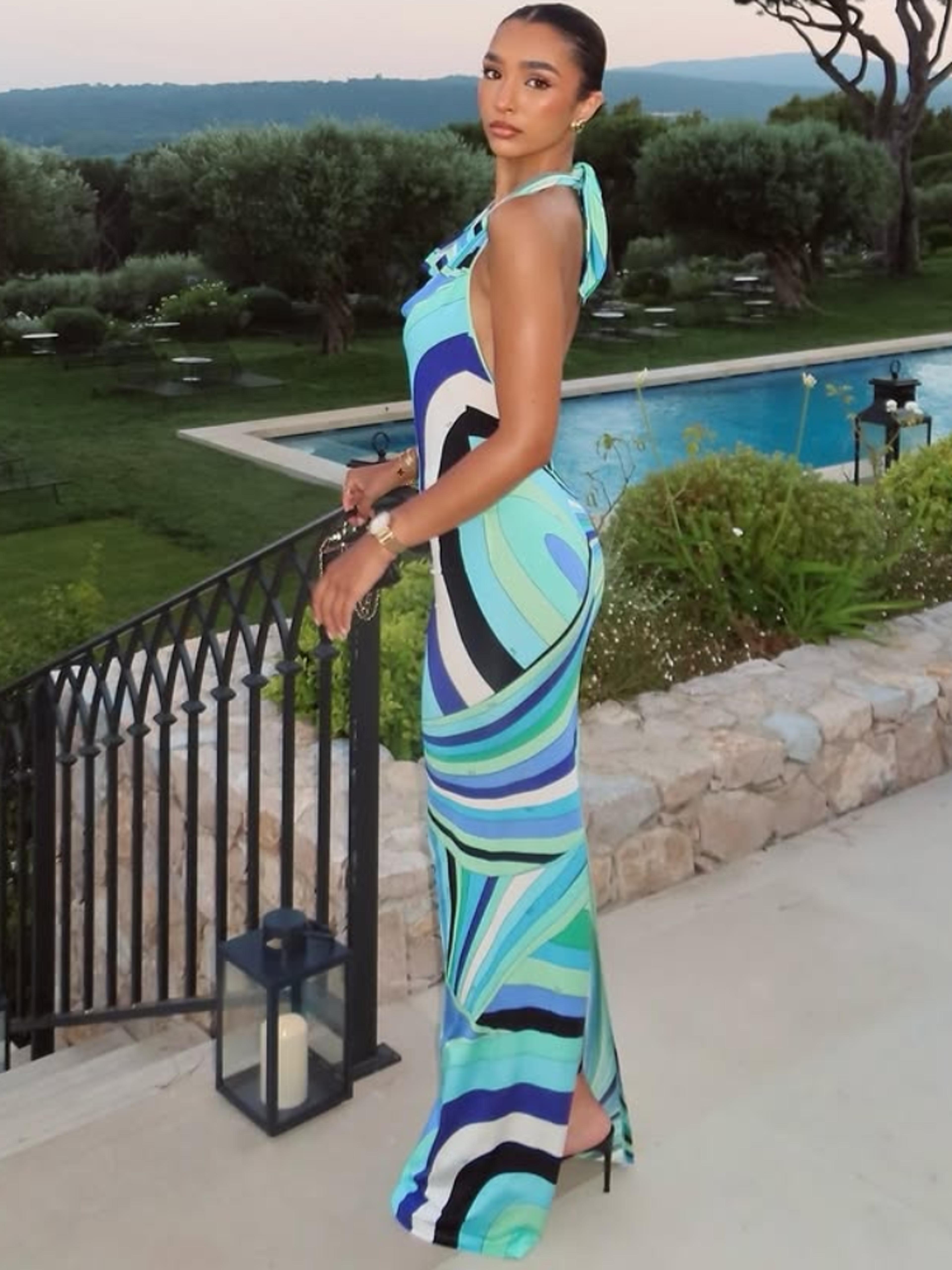 coastal elegance printed halter maxi dress for women backless bodycon summer beach dress