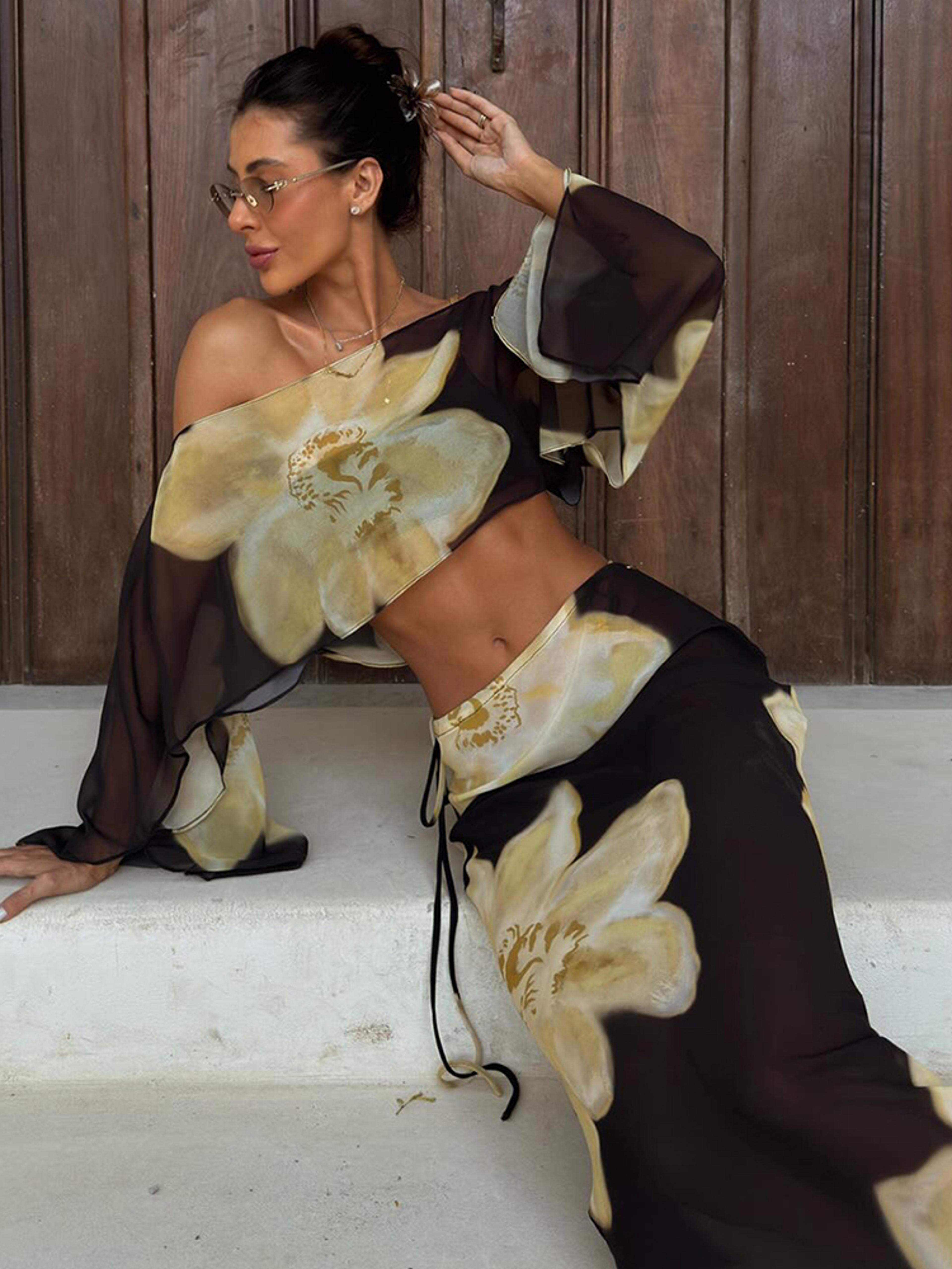 floral mesh skew neck vacation set – elegant sheer crop top & matching skirt