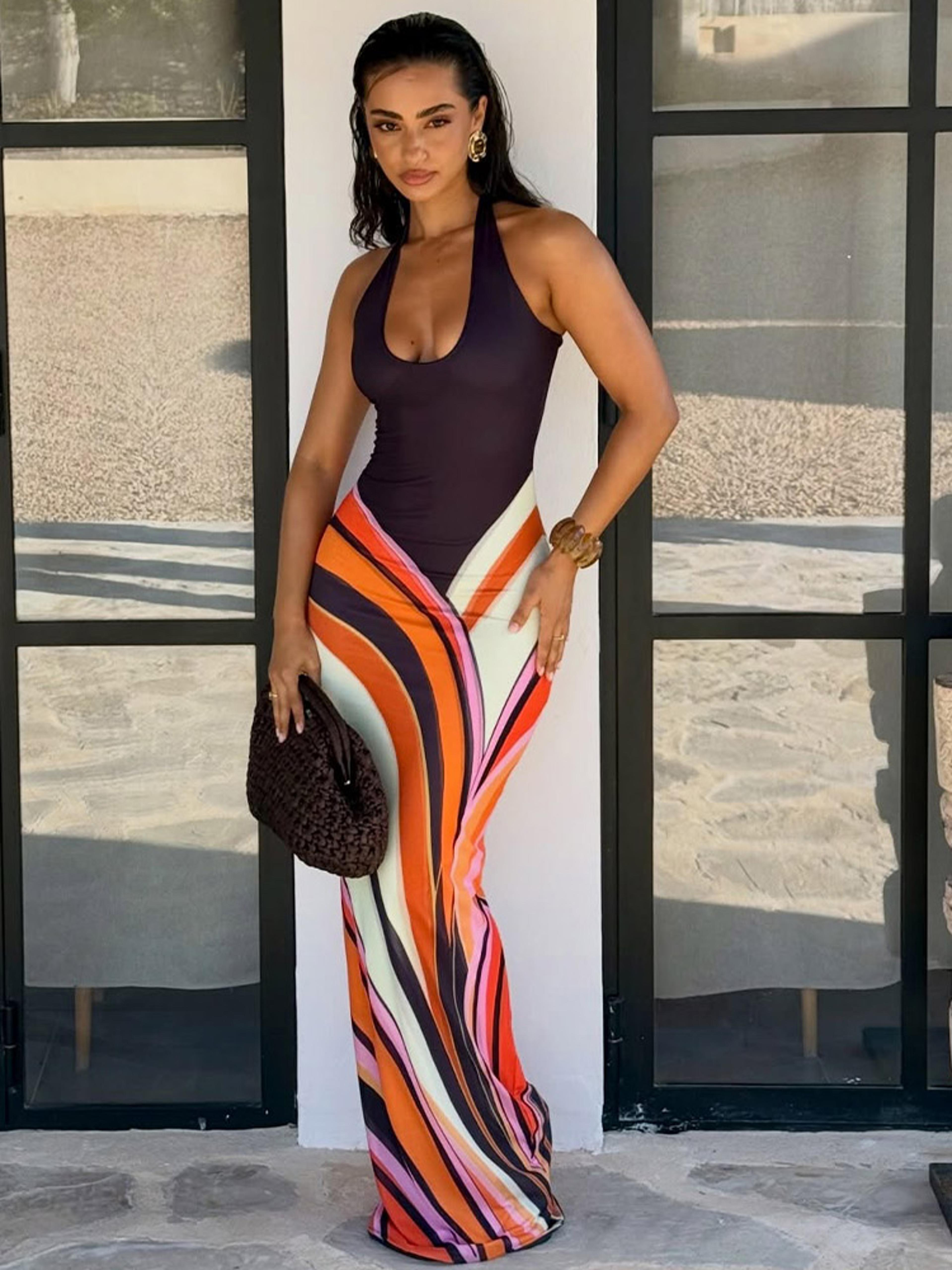 tropical print backless maxi dress for women deep v neck summer party beach dress