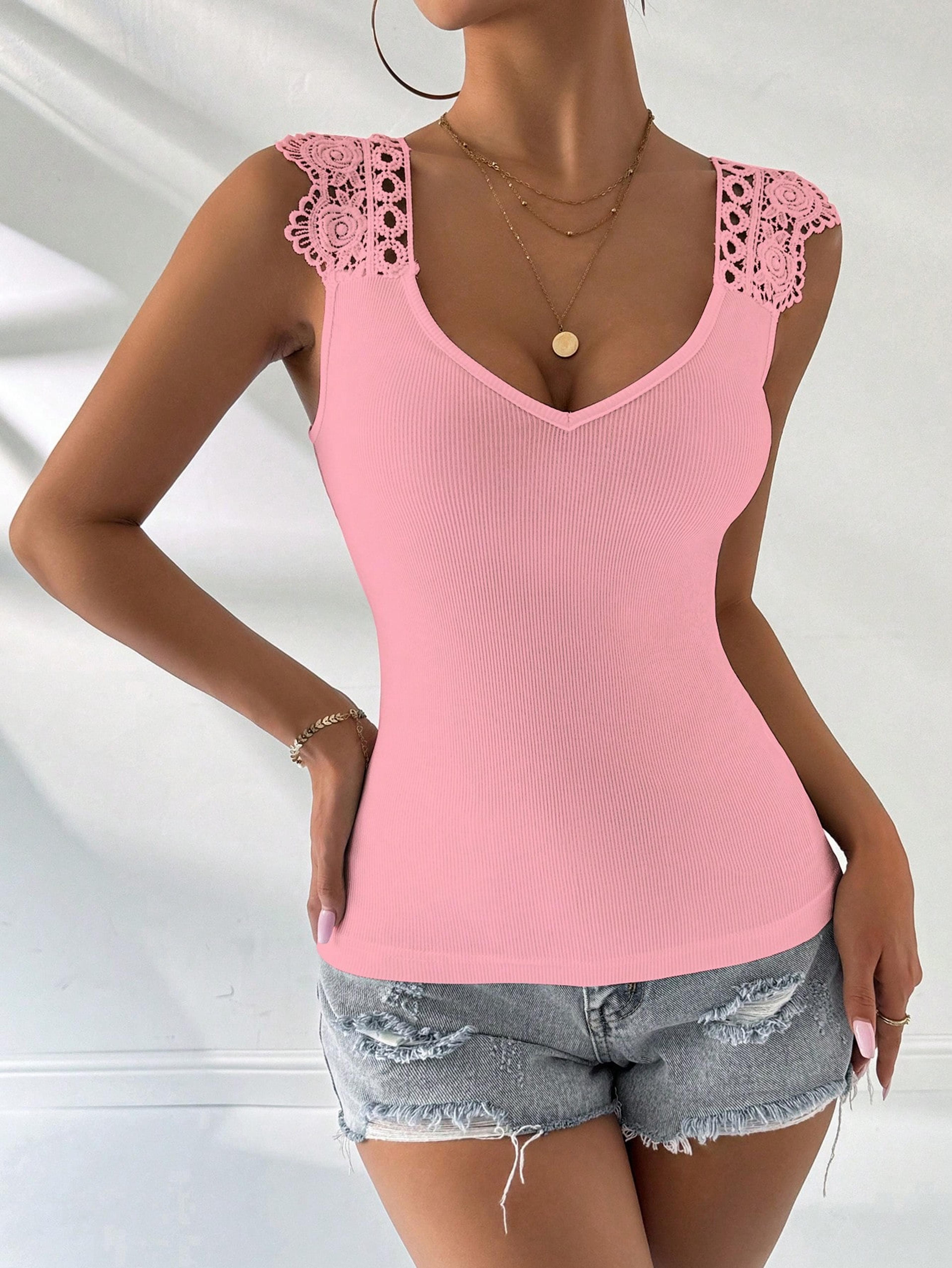 lace shoulder ribbed v neck tank top for women casual slim fit summer top