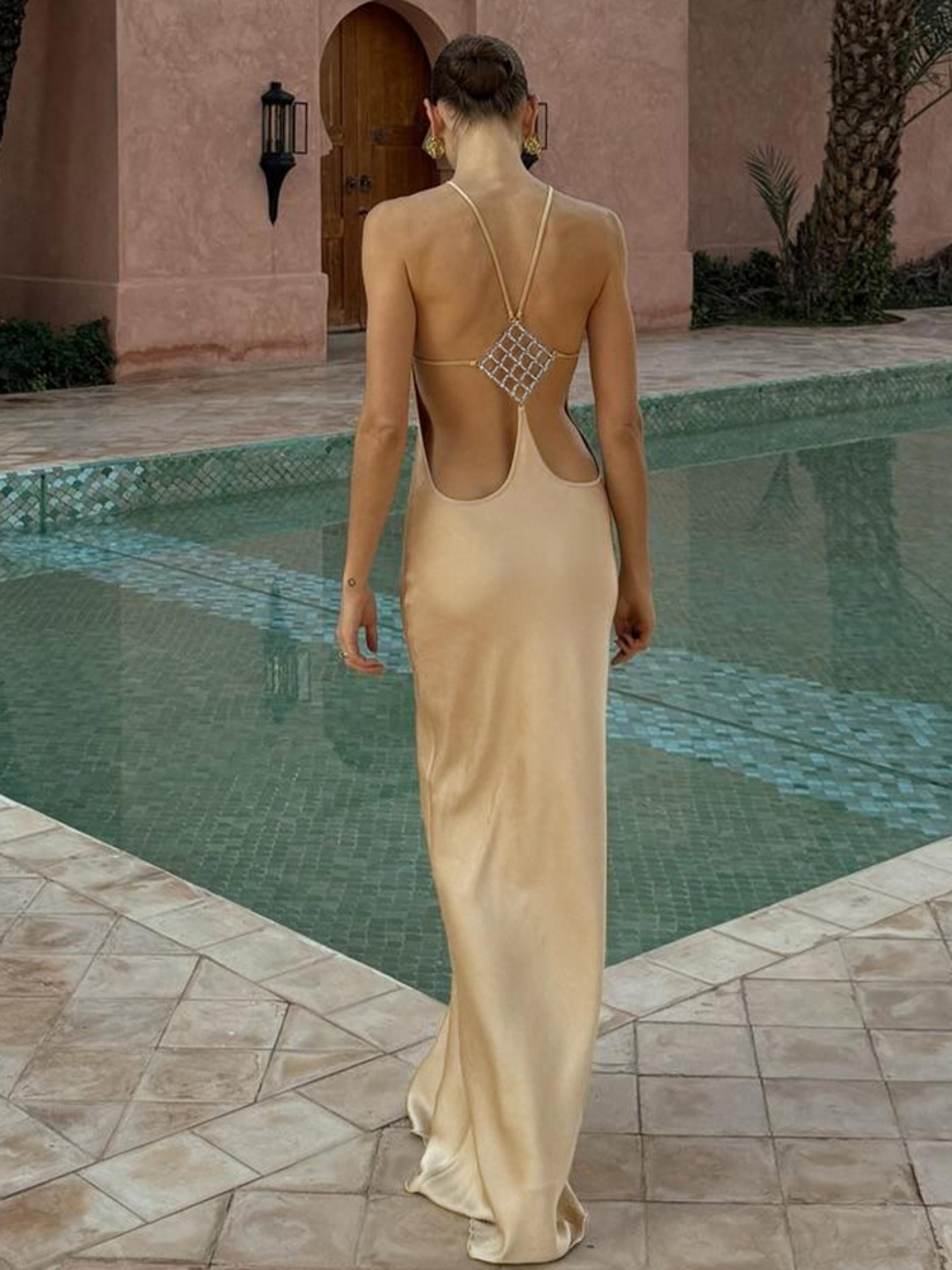 luxe satin halter maxi dress backless bodycon evening party gown