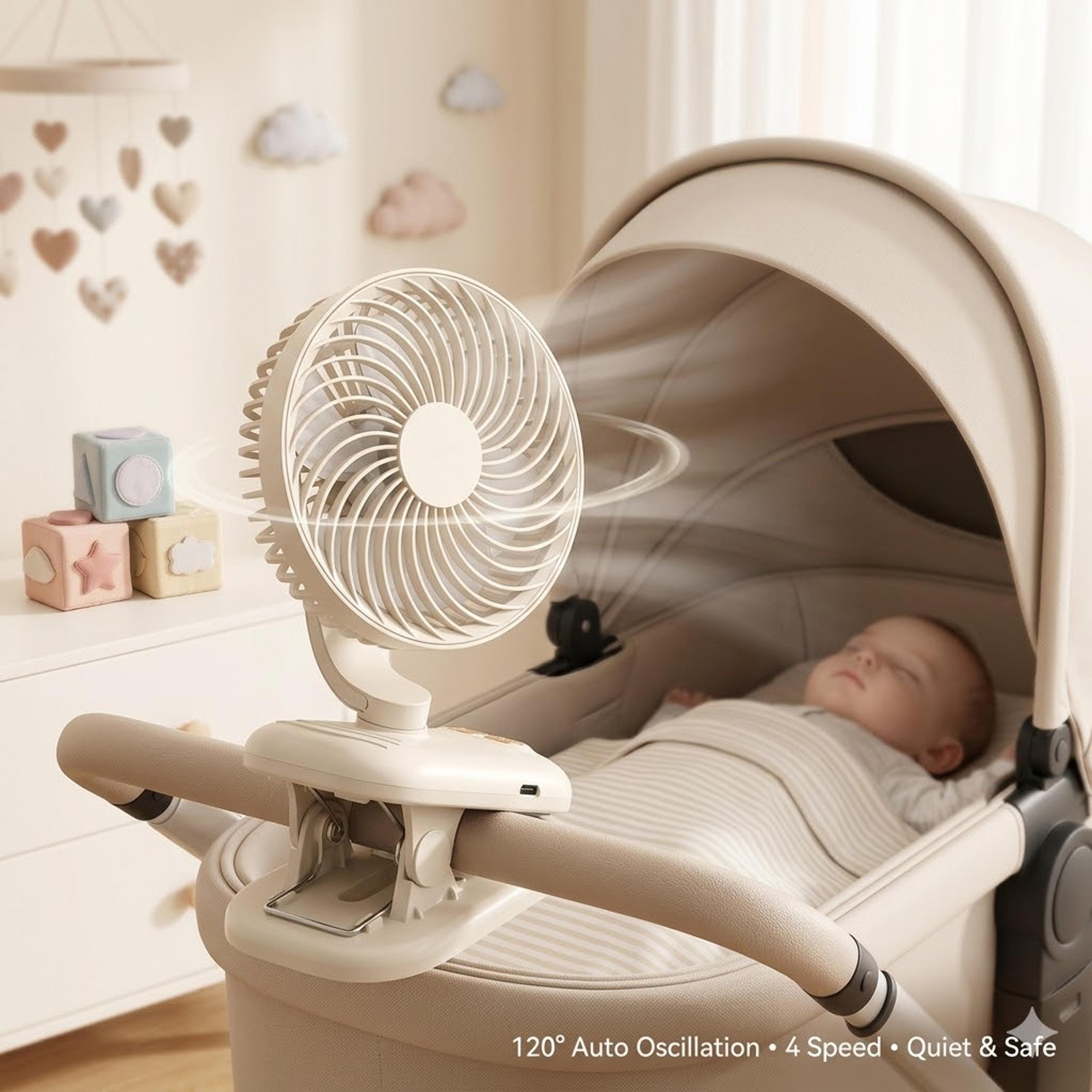 auto-oscillating stroller fan & portable clip fan with speeds rechargeable cooling