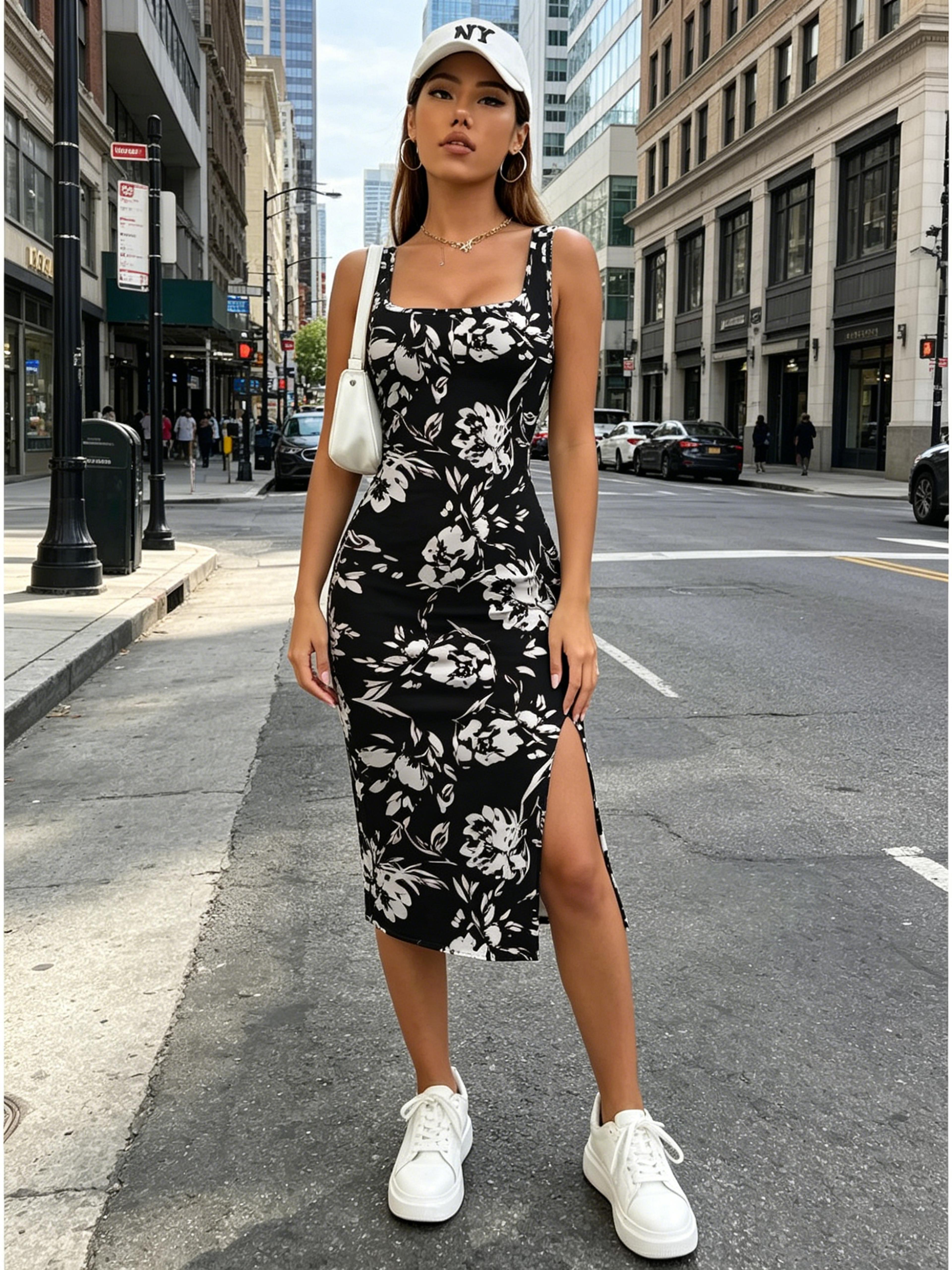 floral square neck midi dress for women elegant summer dress with side slit