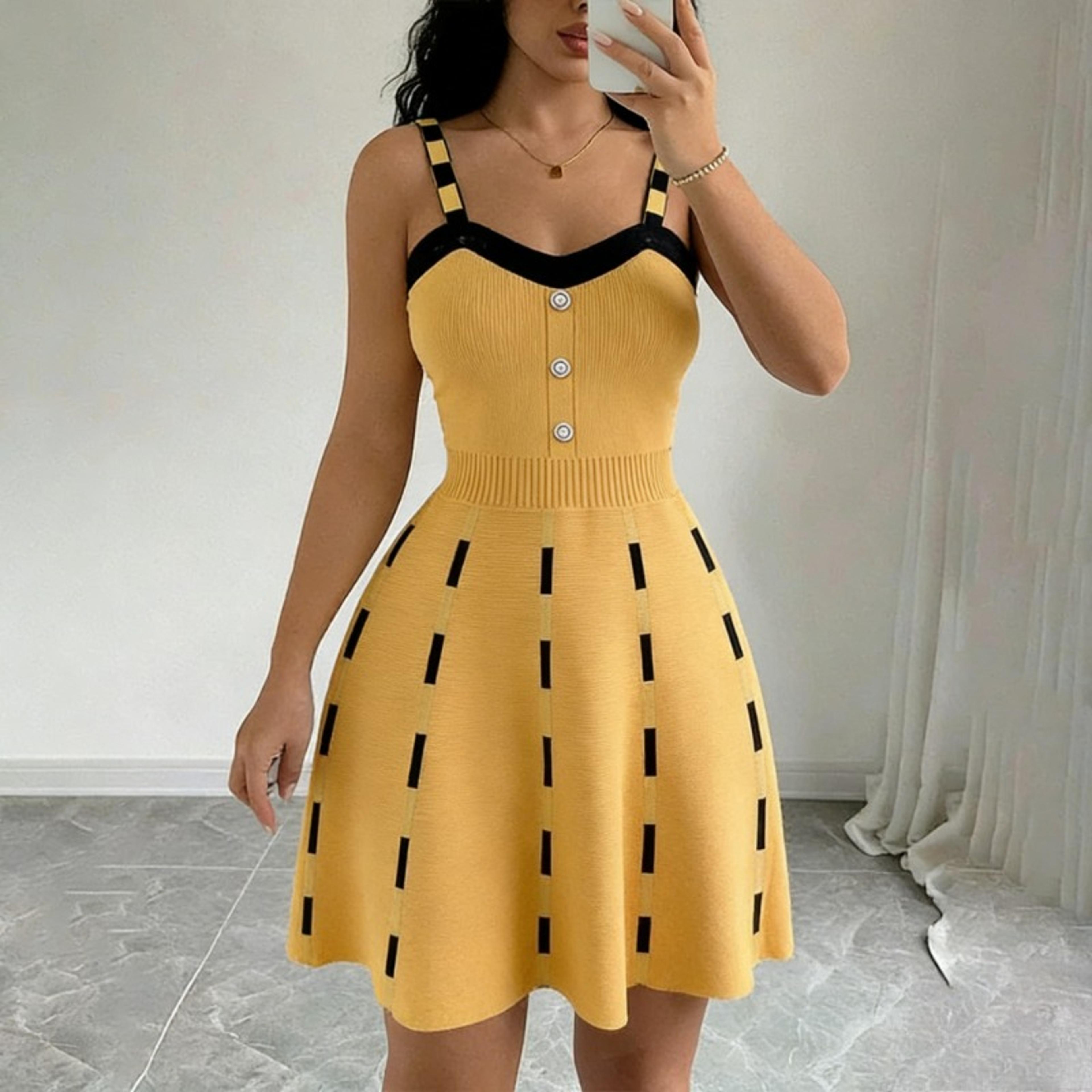 elegant contrast strap v-neck knit midi dress