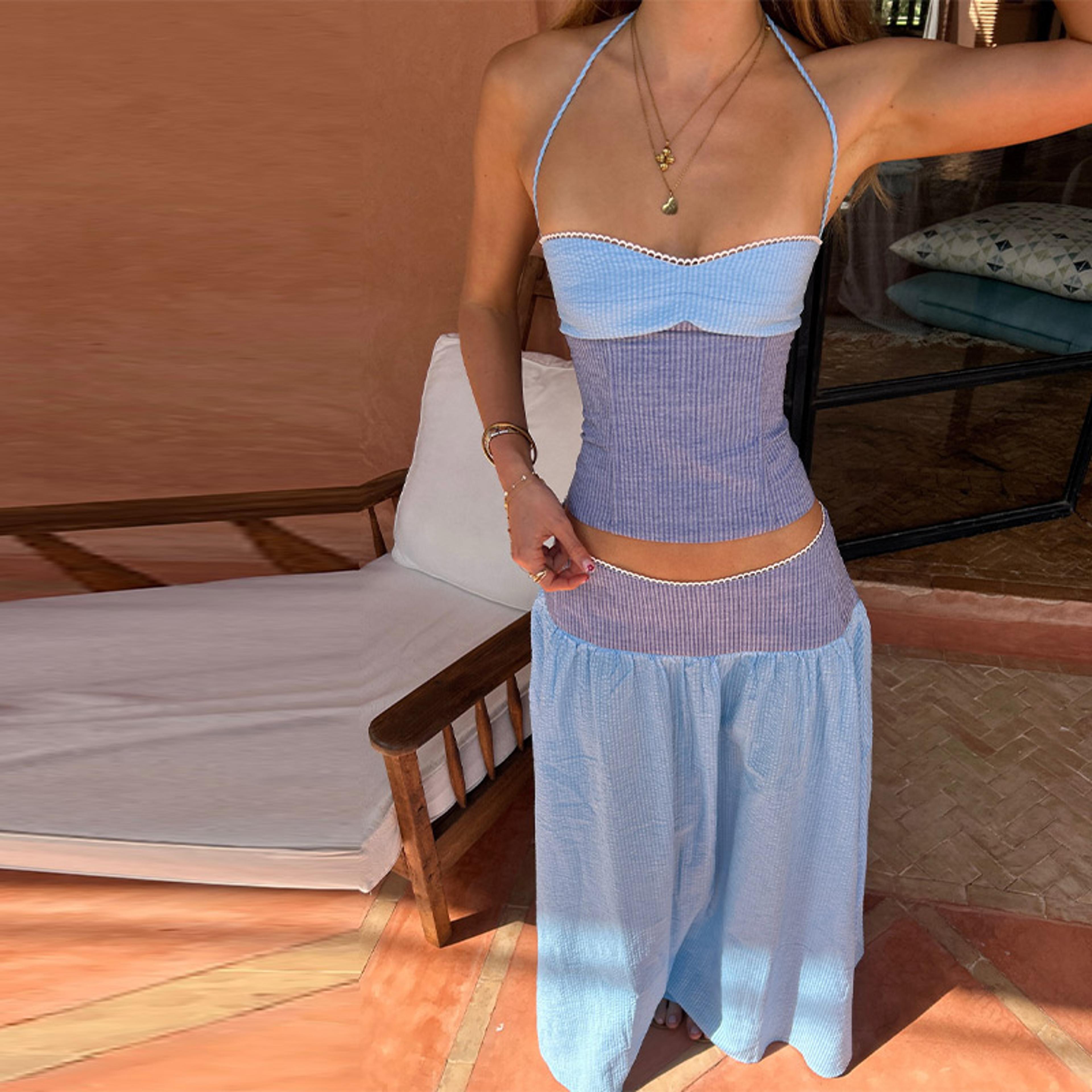 striped wide leg pant suit set for women sleeveless halter vest piece outfit