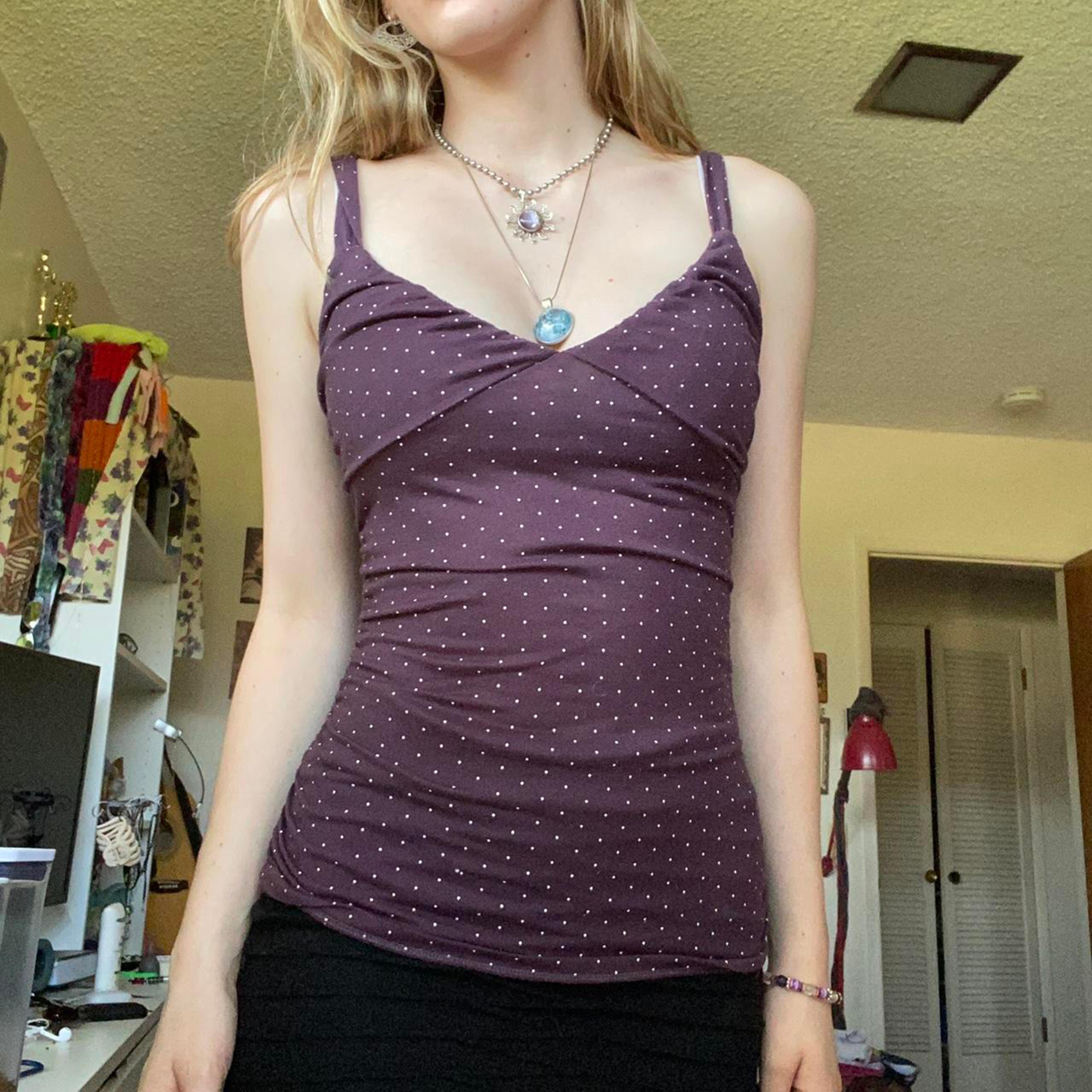 purple polka dot ruffle cami top coquette v-neck summer tank