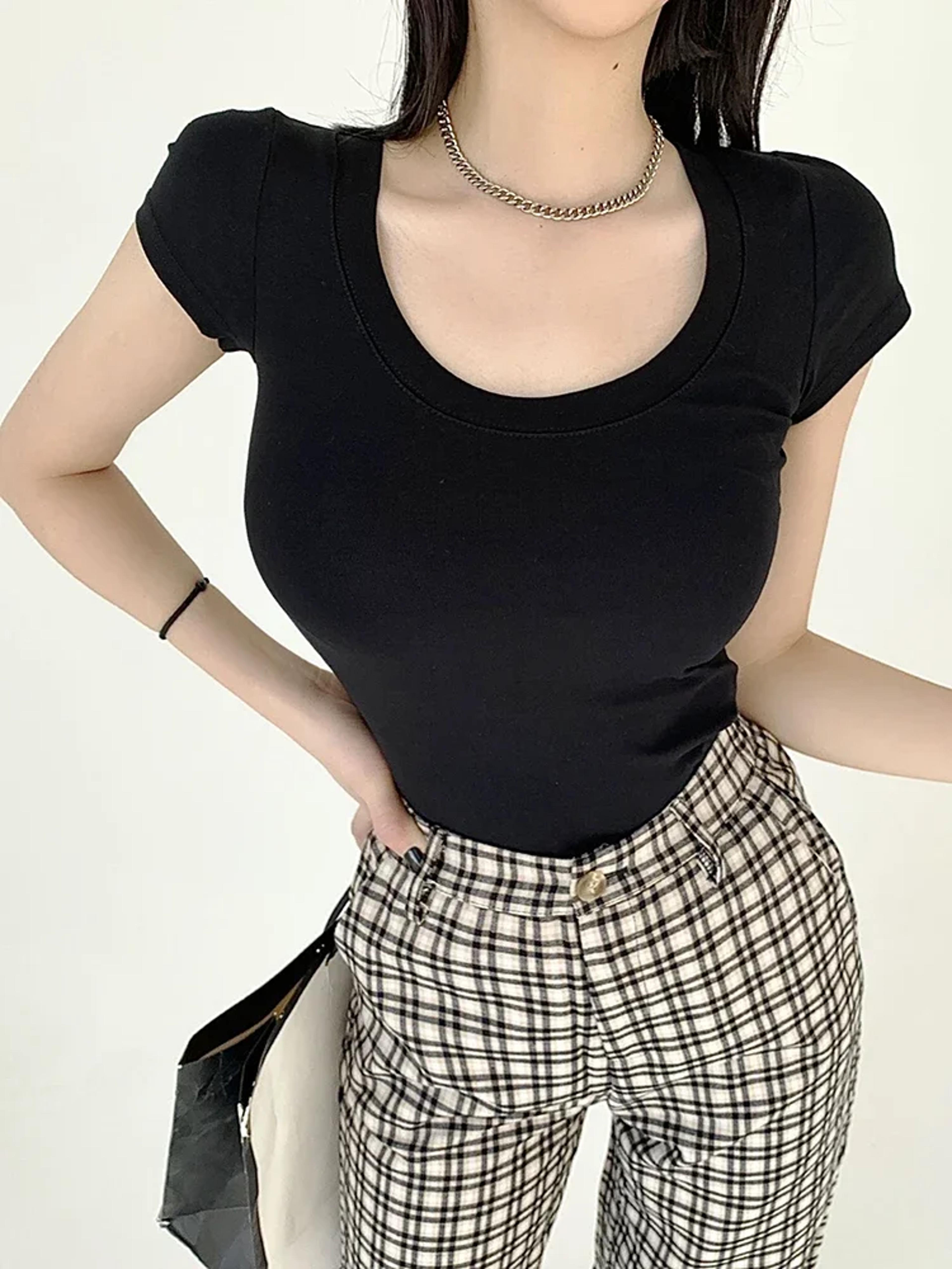 korean style cotton t shirt women slim fit summer basic tee crew neck casual top