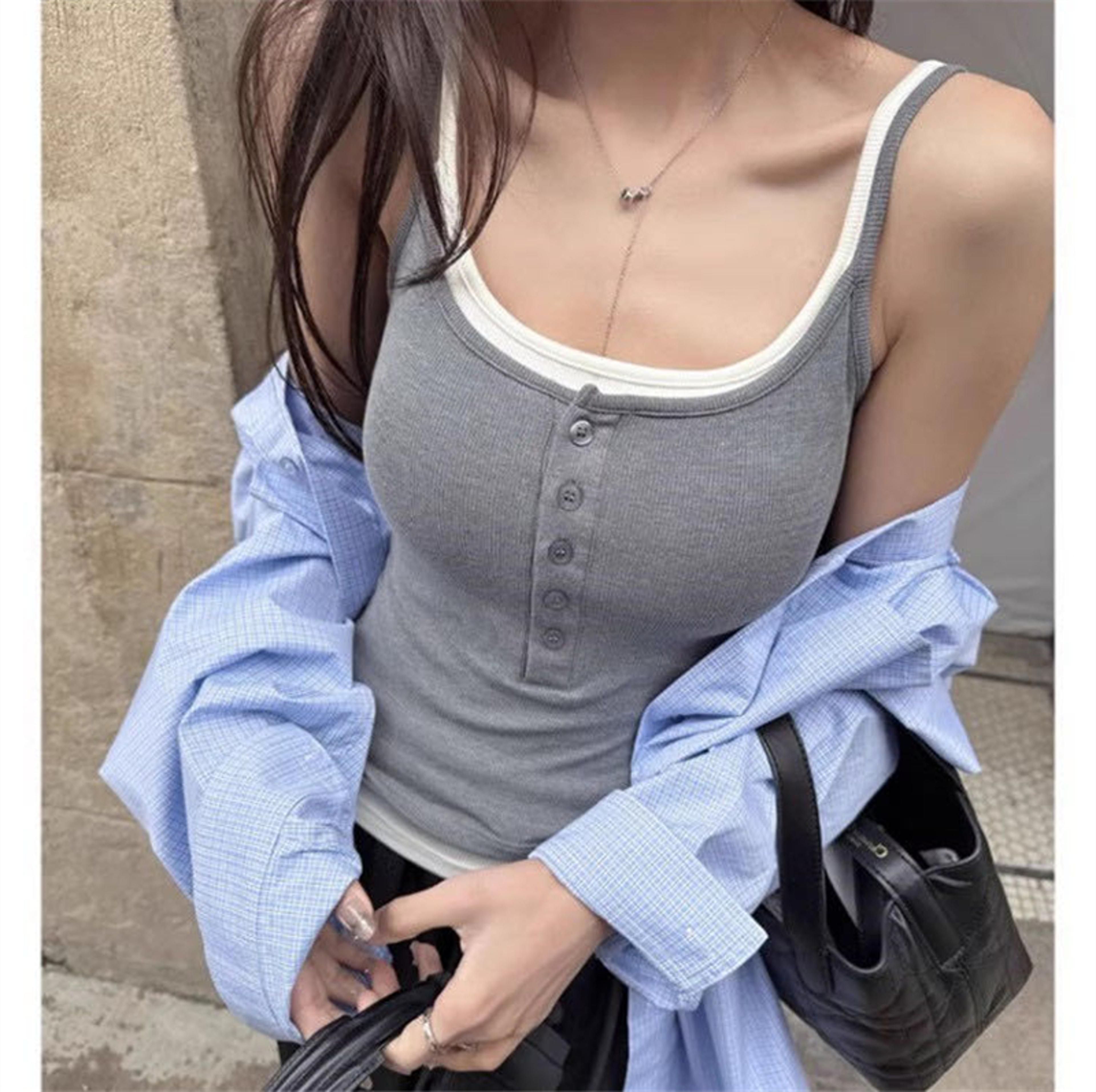 women cropped tank top with contrast trim padded slim fit camisole