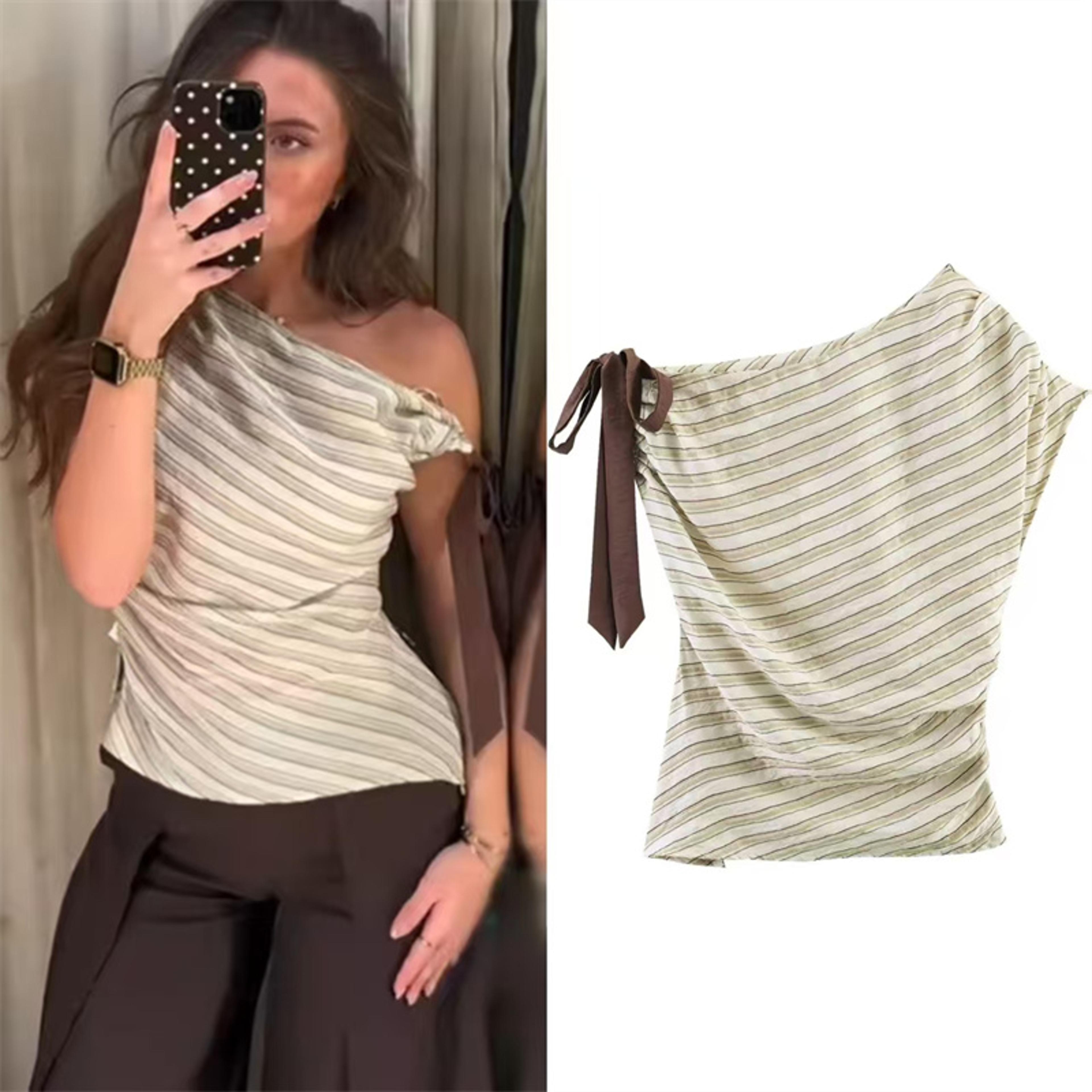 striped asymmetrical bow detail women's summer top casual office blouse