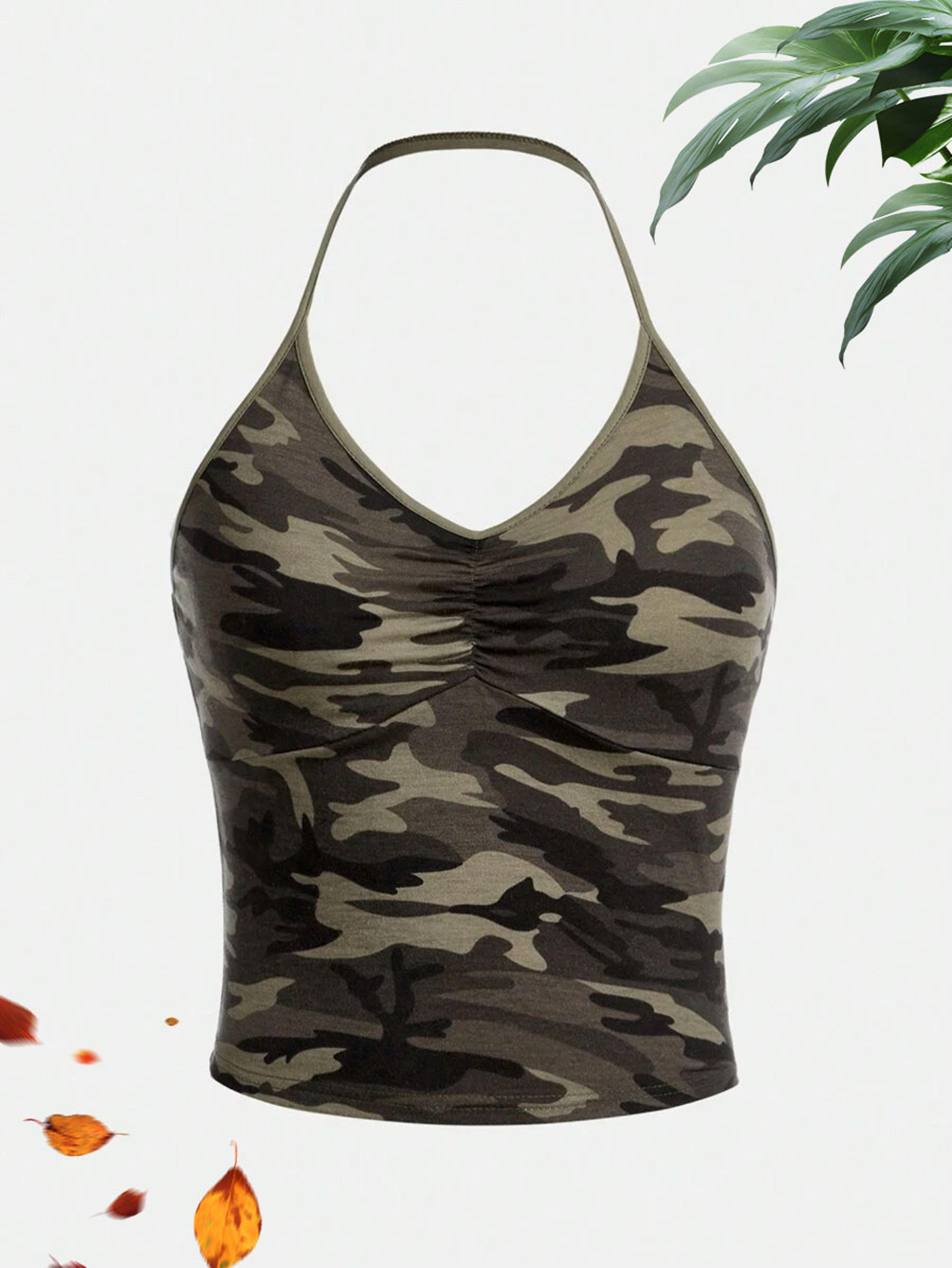 camo crop top for women v neck halter ruched sleeveless camisole