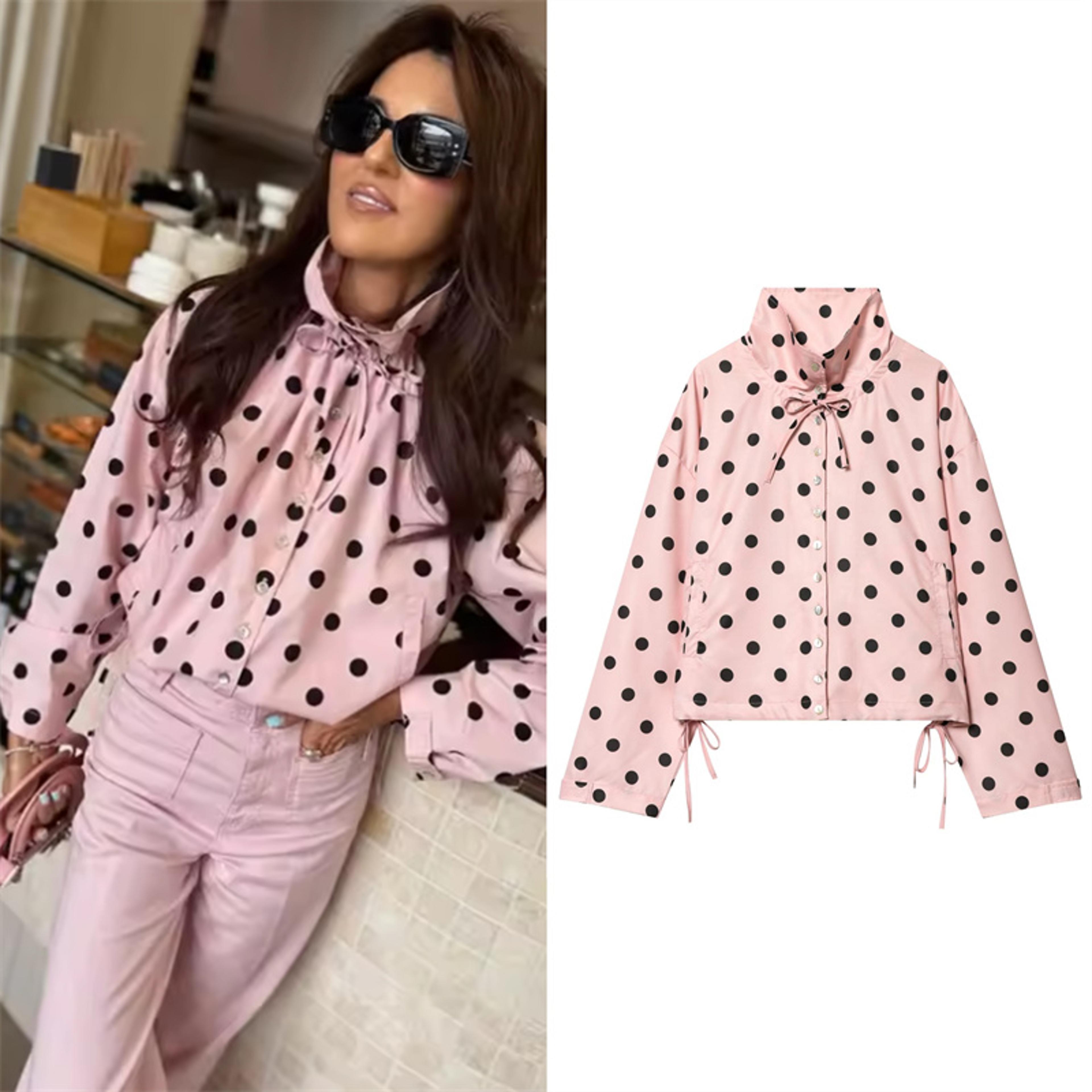 pink polka dot tie sleeve casual blazer jacket for women lightweight spring coat