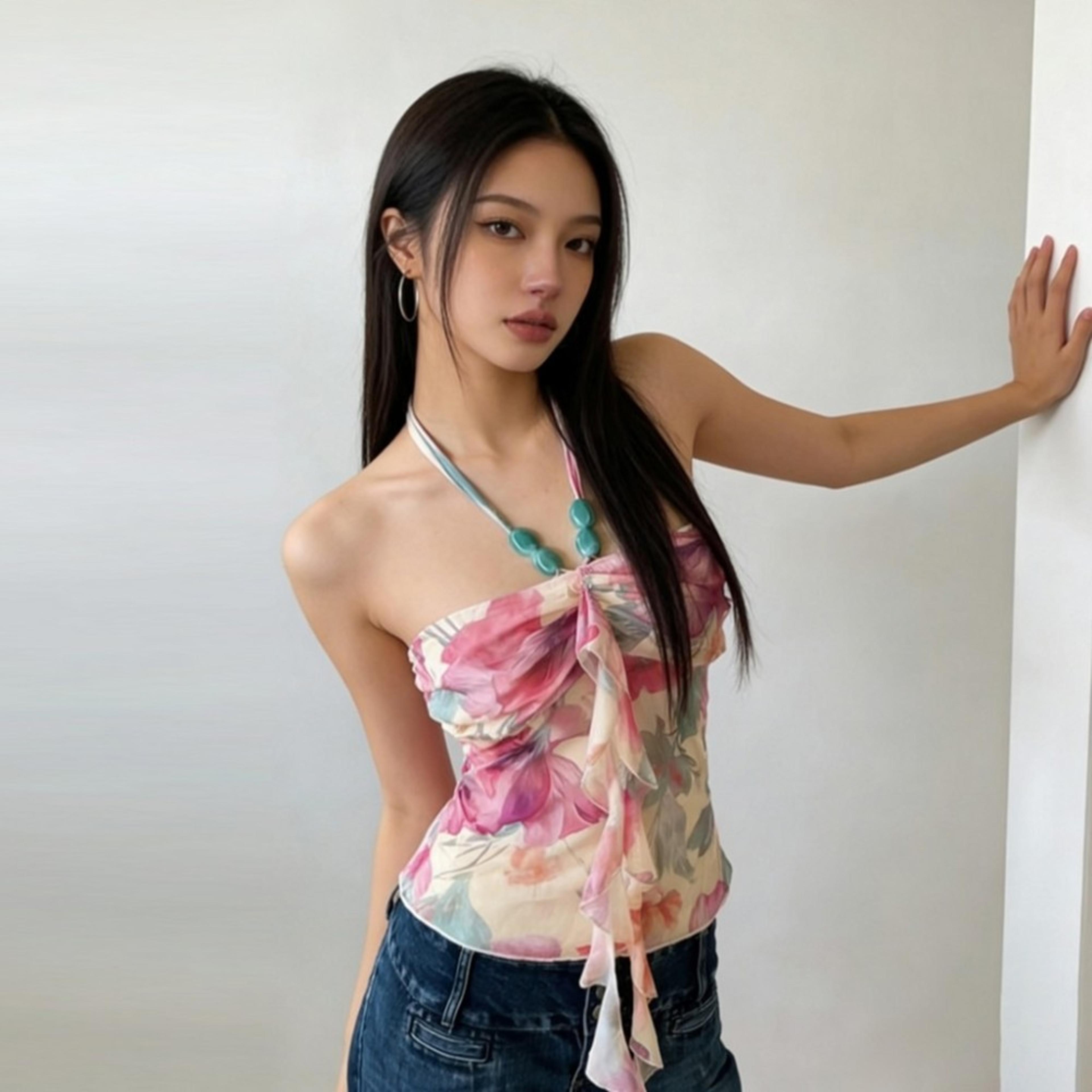 colorful halter top backless ruffle cami with beaded tassel detail