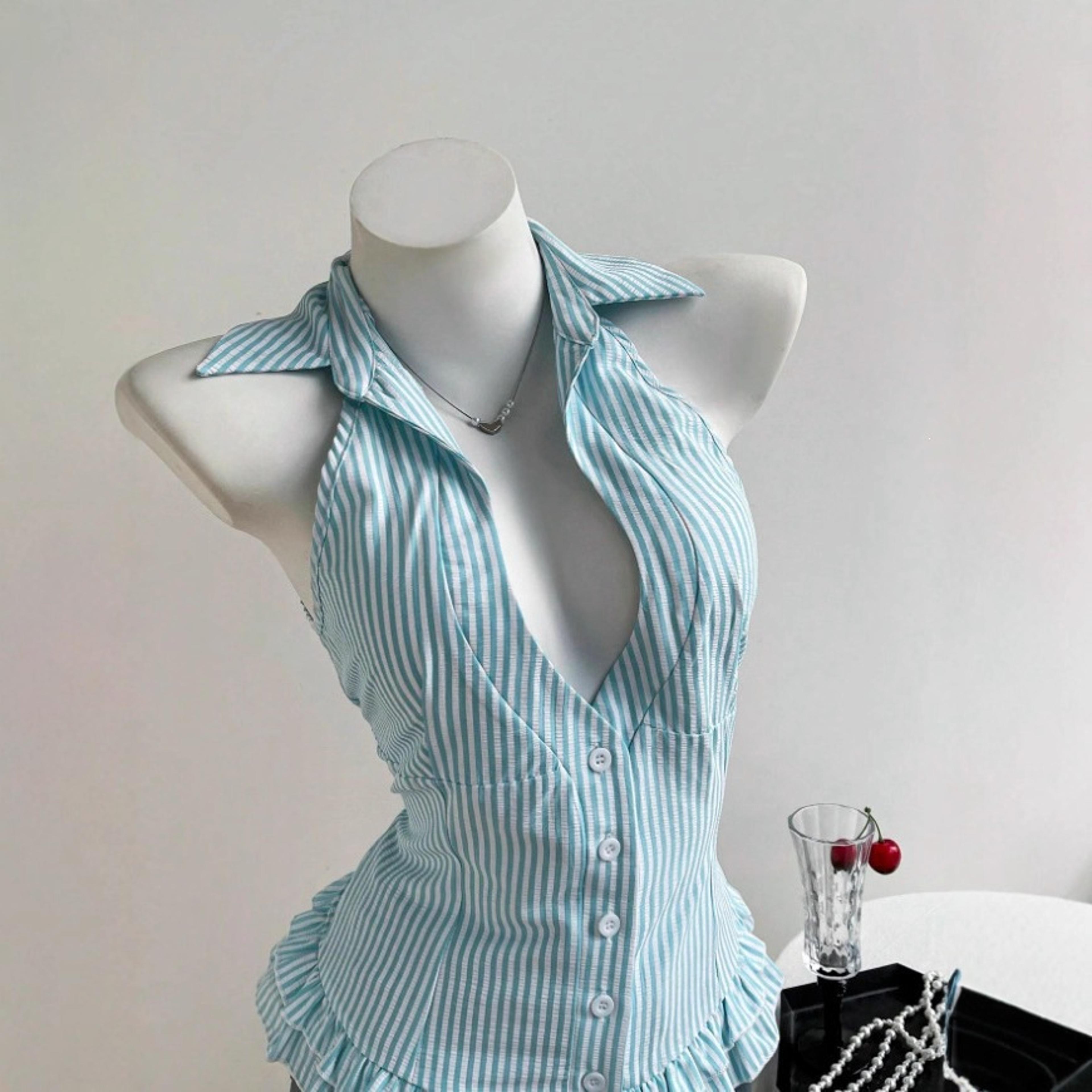french chic striped tank top off shoulder v neck waist cinching summer top