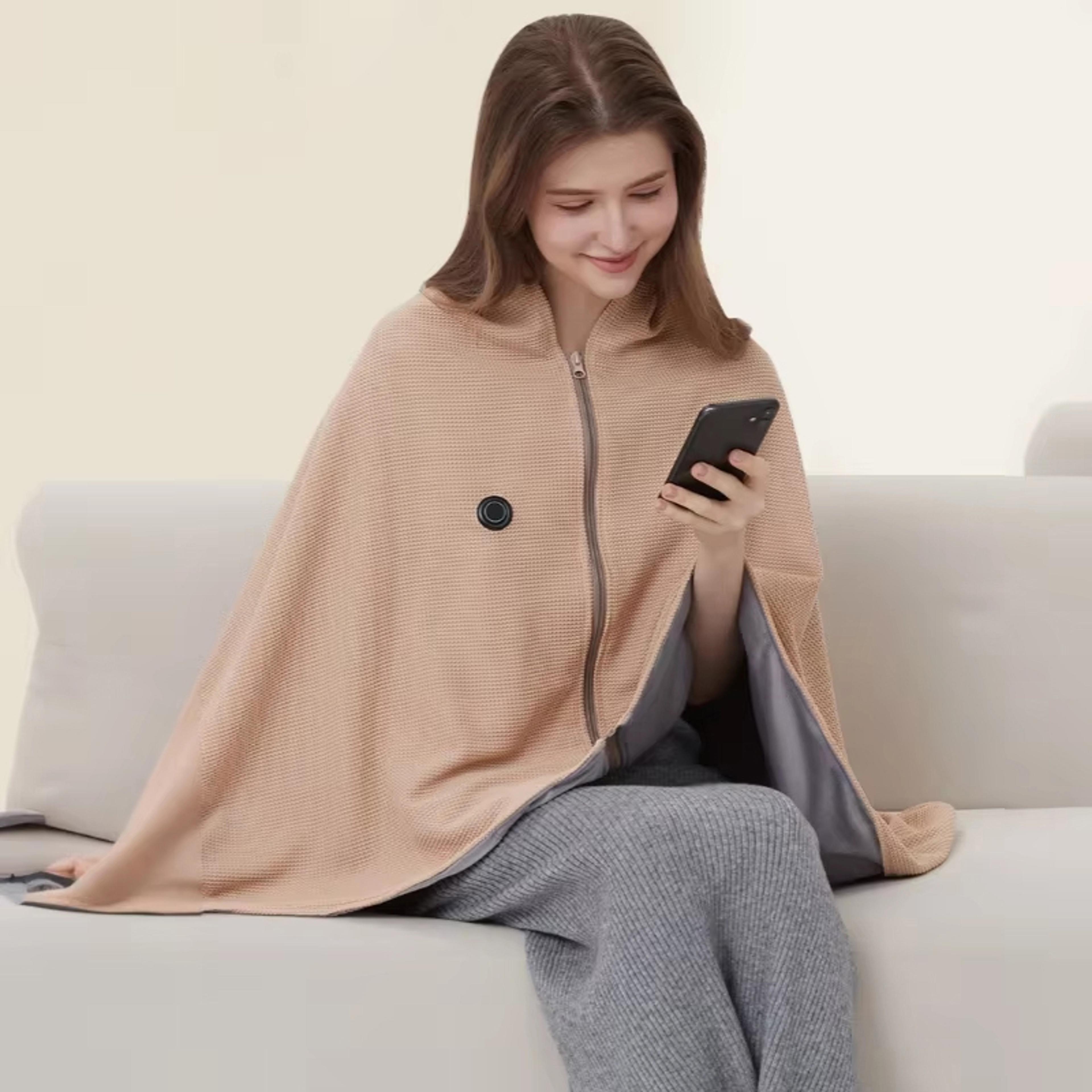 usb electric blanket shawl, portable warm blanket with zipper, fast heating winter home camping wrap