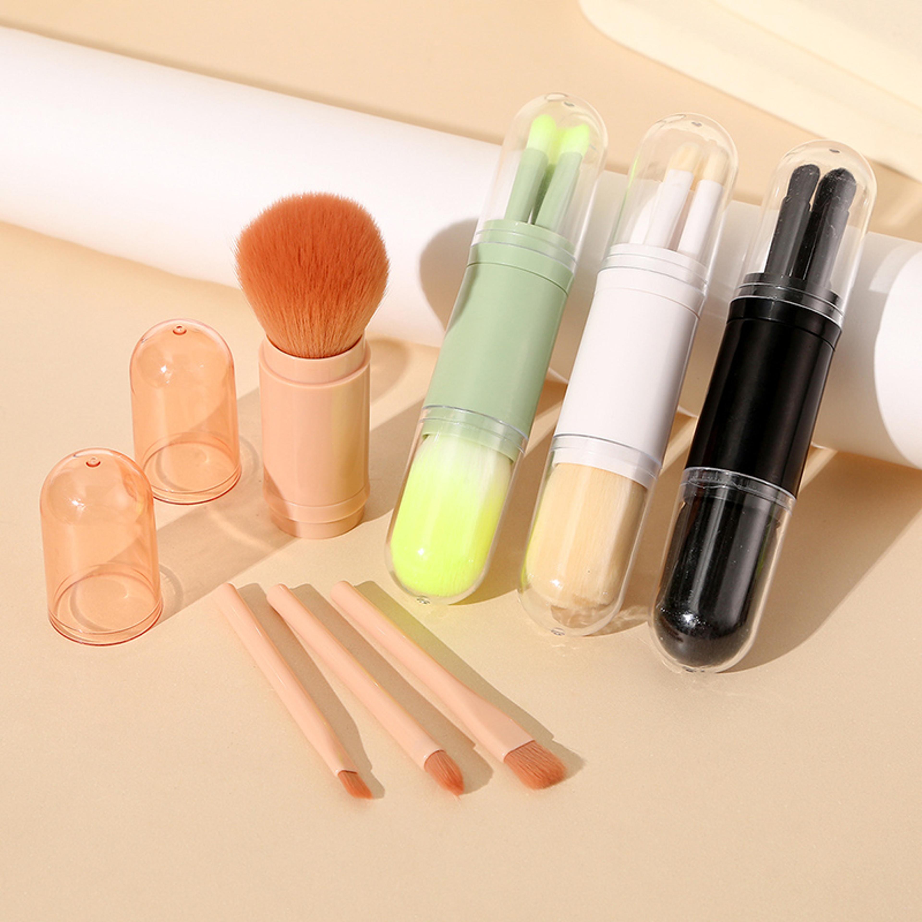 4 in 1 travel small makeup set, portable powder blusher brush, telescopic mini makeup tool with cover