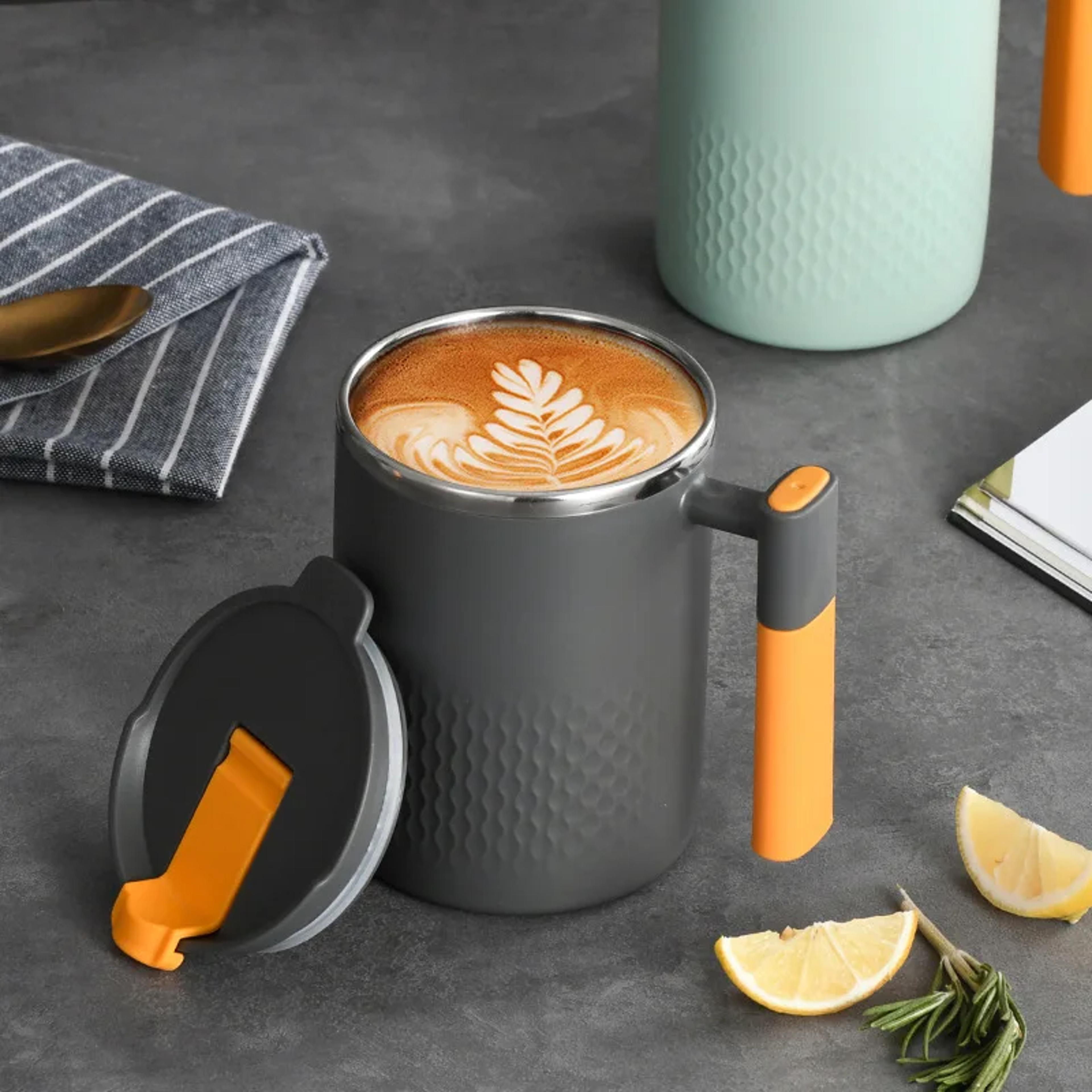 heat-resistant double wall stainless steel coffee mug, 304 steel thermos, leak-proof lid, and handle