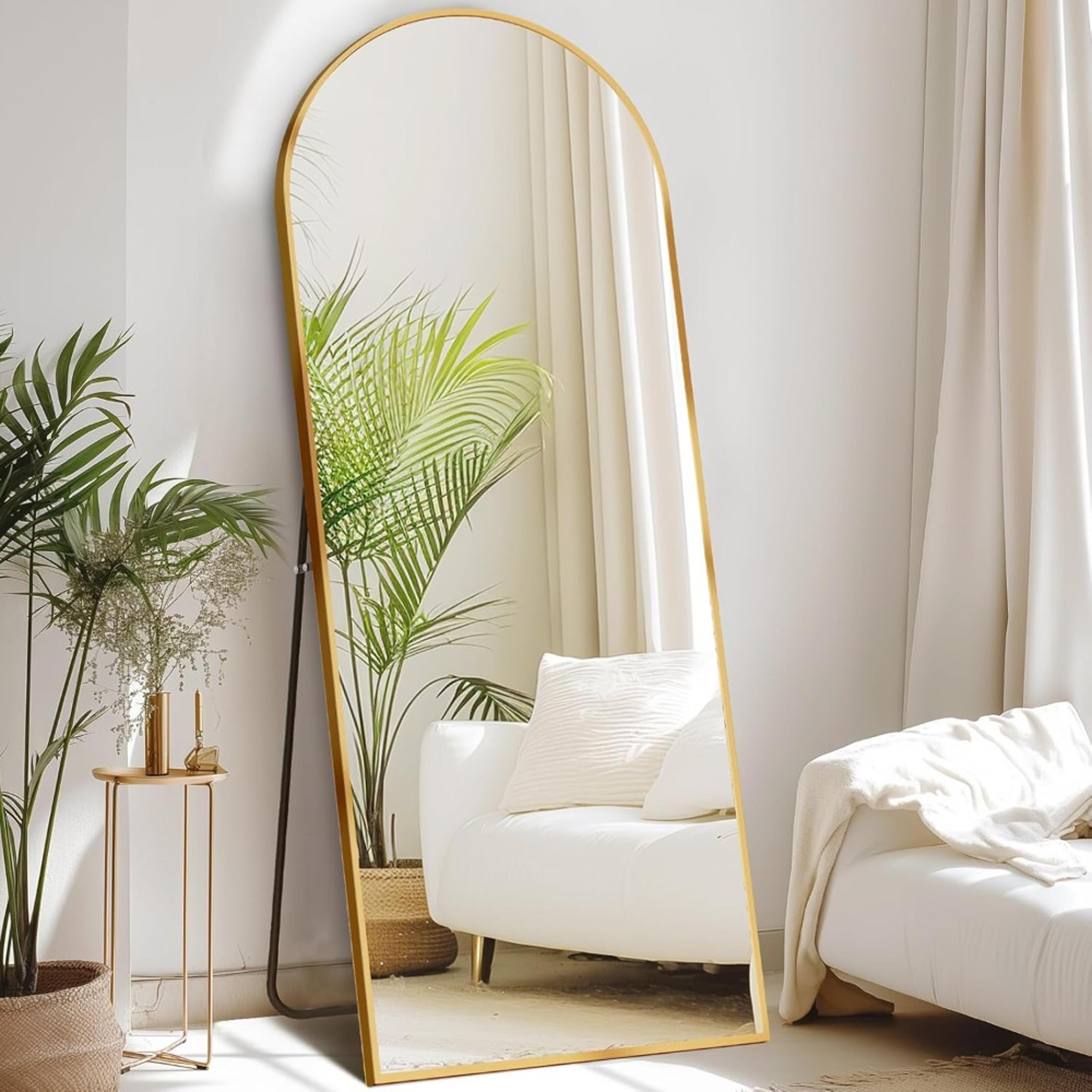arched full length mirror with aluminum alloy thin frame, standing or leaning full body mirror for bedroom use