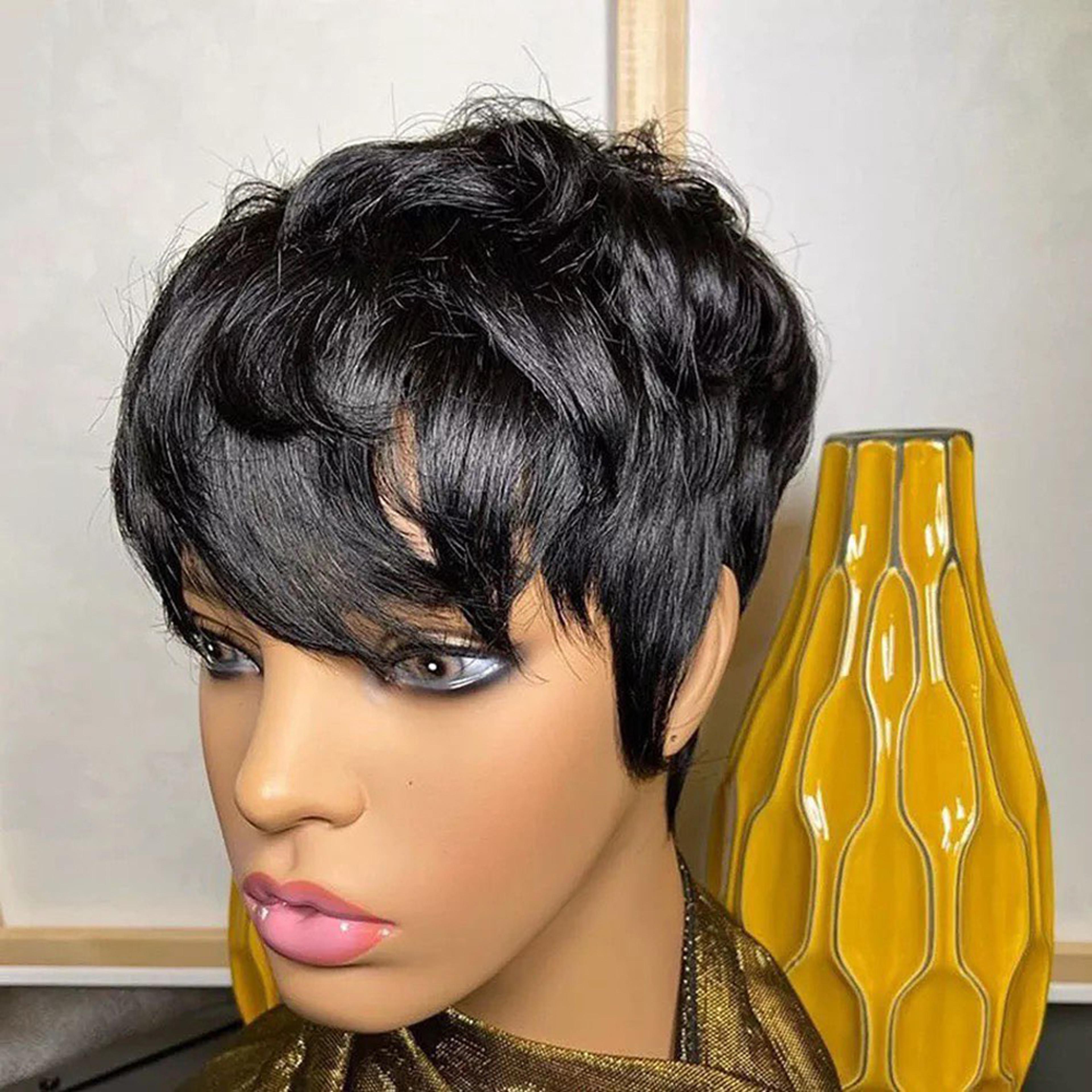human hair short pixie cut wig, machine made wigs for black women with bangs