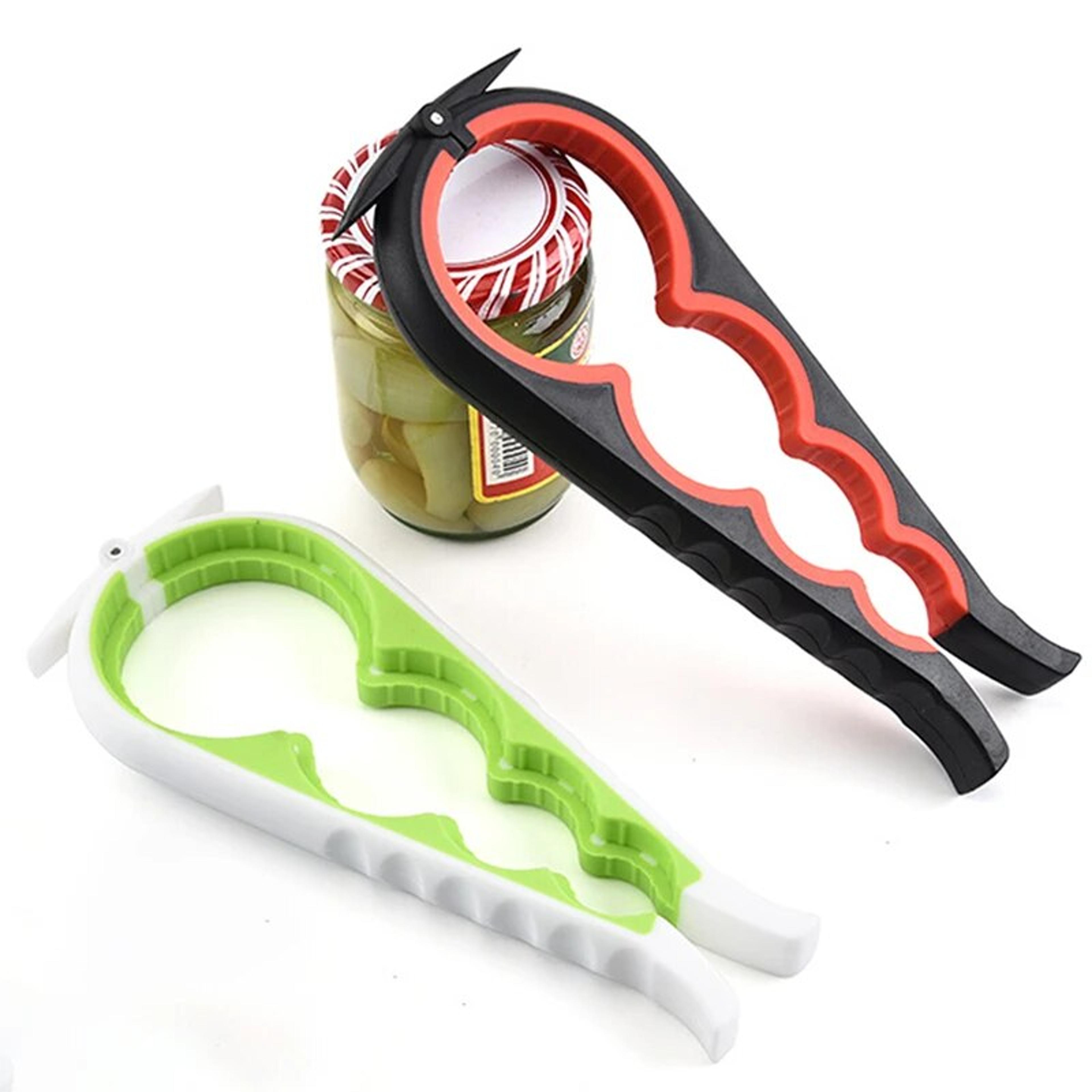 four in one can opener, multi functional bottle opener, cap twister, anti slip four position tool